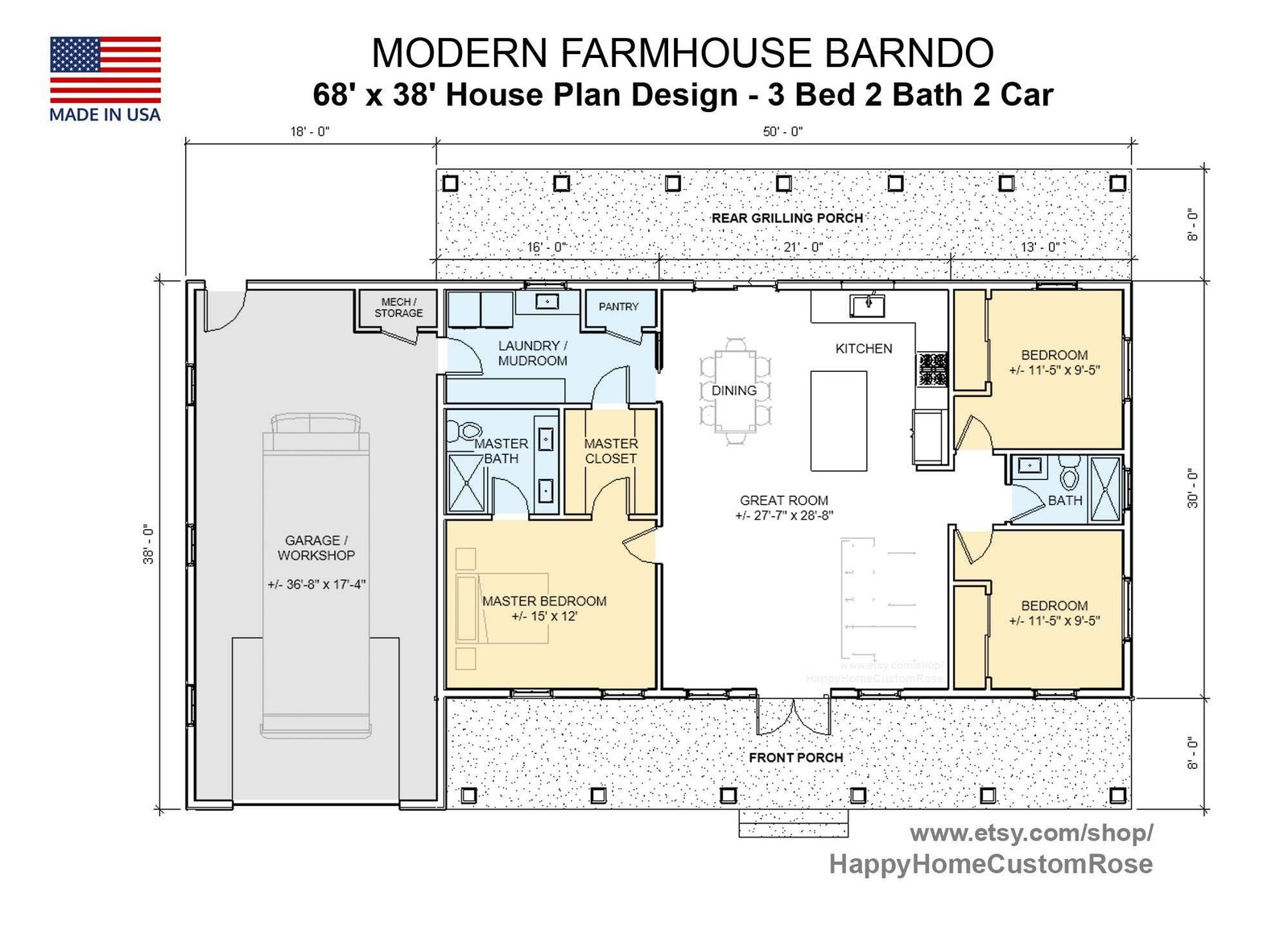 Great Oak Barn Barndominium Modern House Open Plan Design 68 x 38 – 3 Bed 2 Bath