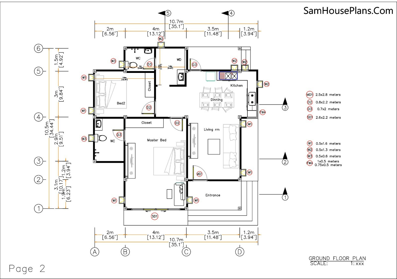 Mini House Designs 10.7×10.5 Meter 35×34 Feet 2 Bed Flat Roof PDF (A4 Hard Copy)