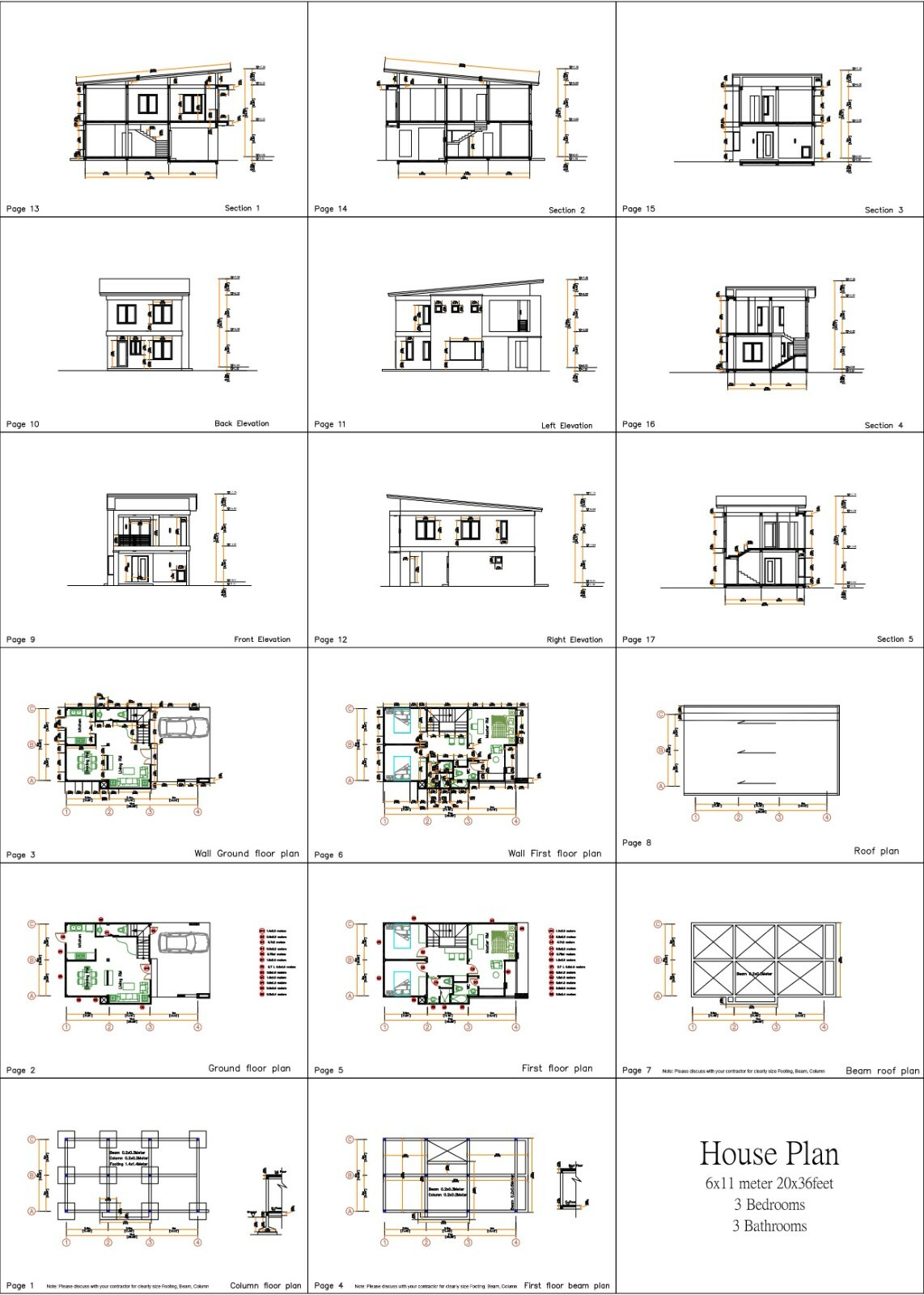Small House Plan 20×36 Feet 6×11 Meter 3 Beds 3 Baths Shed Roof (A4 Hard Copy)