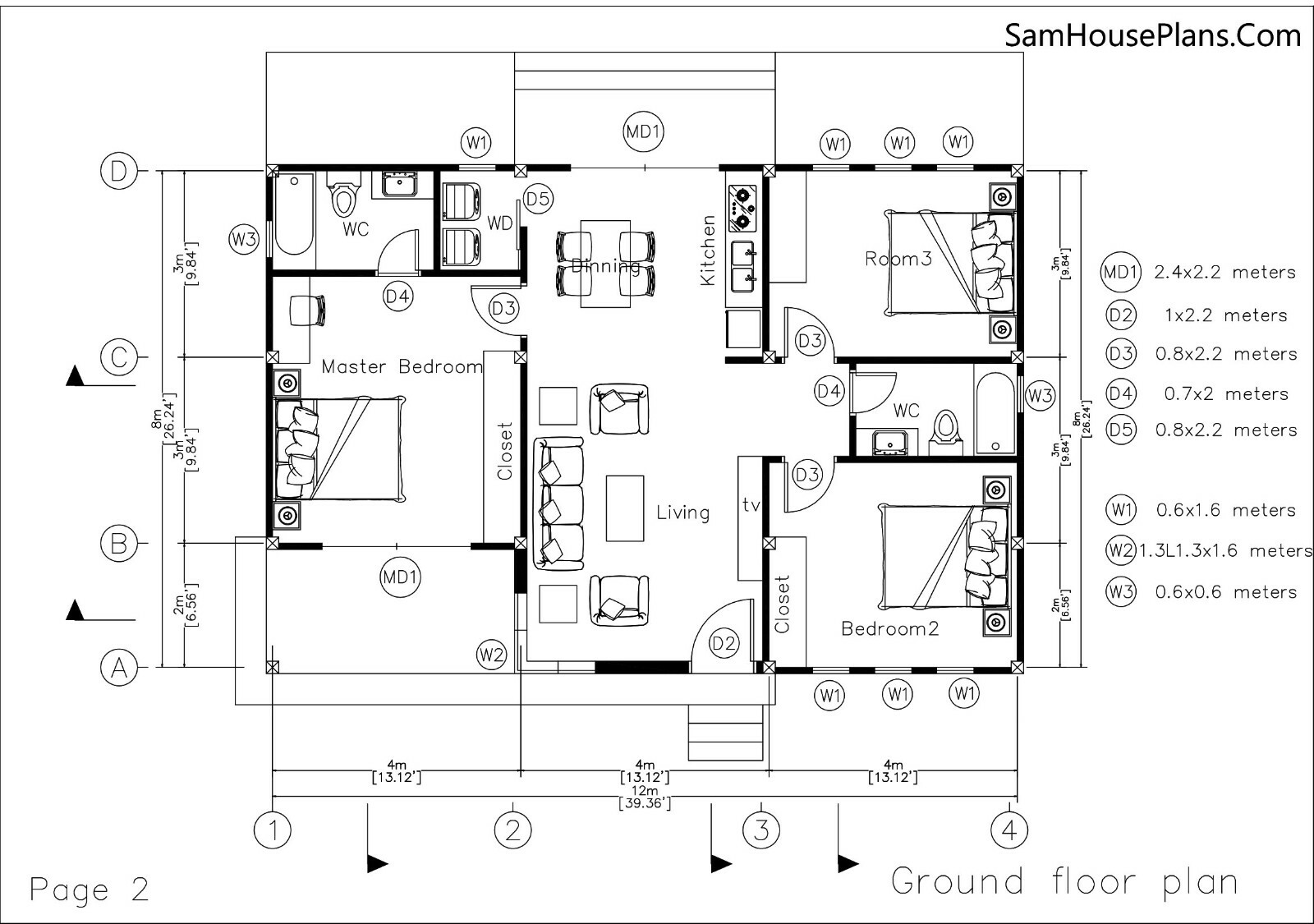 One Level House Plans 12×12 Meters 40×40 Feet 3 Beds 2 Baths Flat (A4 Hard Copy)
