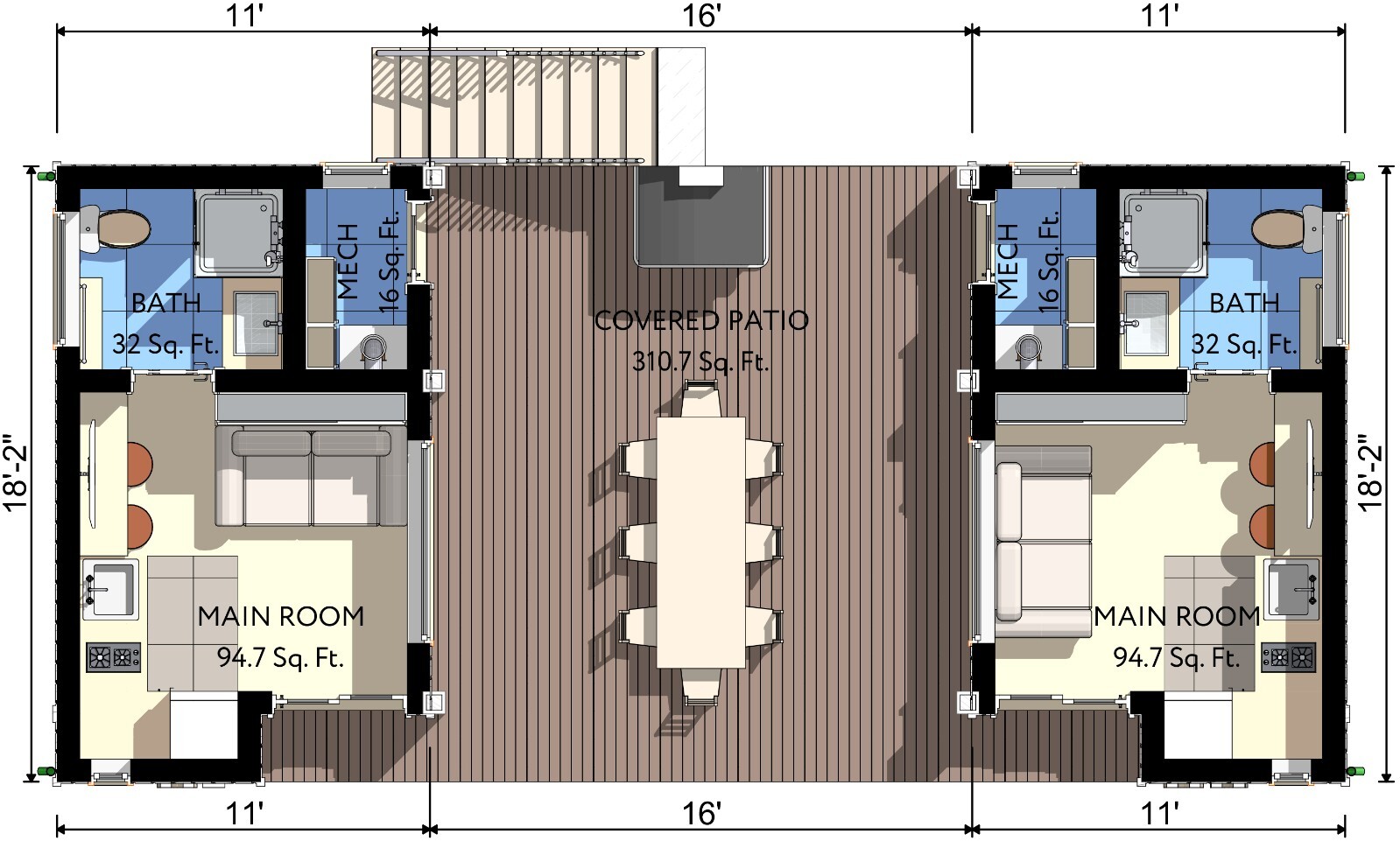 38’x18’ Double Tiny House, 1-Bed, 1-Bath Architectural Build Plans PDF Download