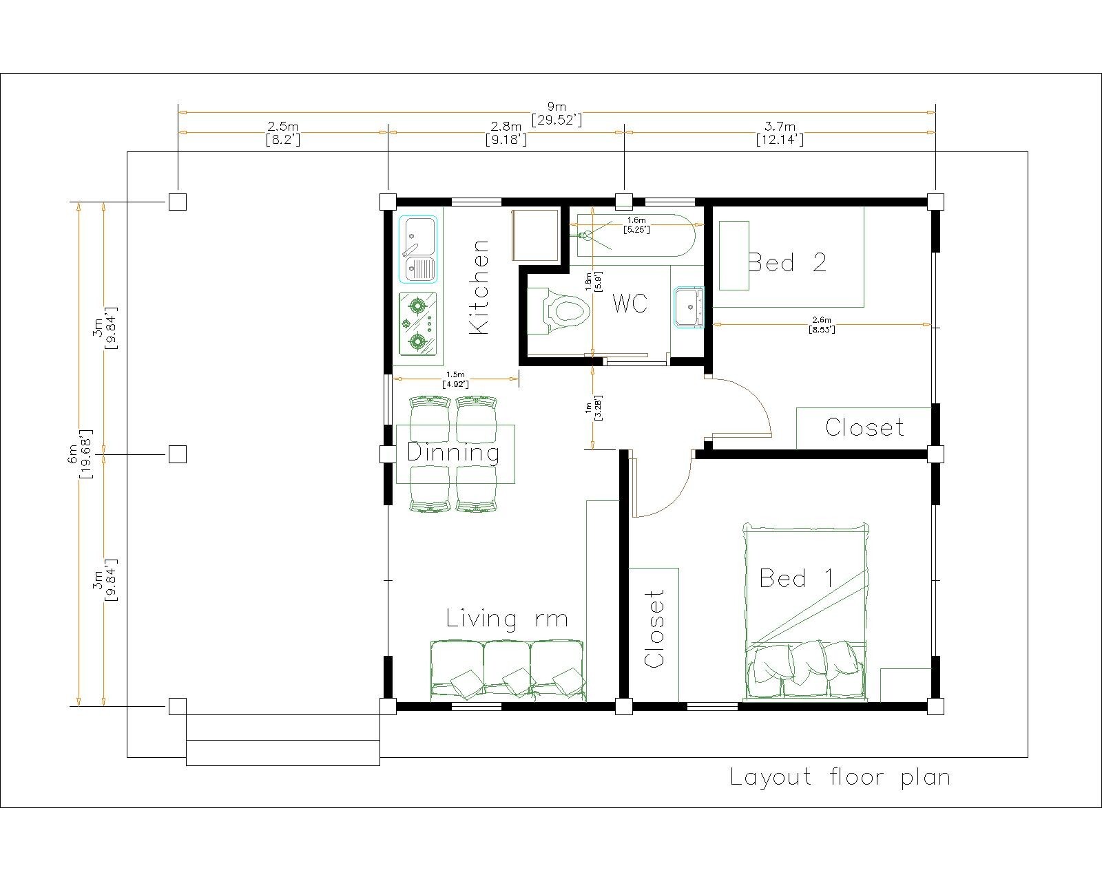 30×20 Feet Small House Designs 9×6 Meter 2 Beds 1 Bath Terrace (A4 Hard Copy)