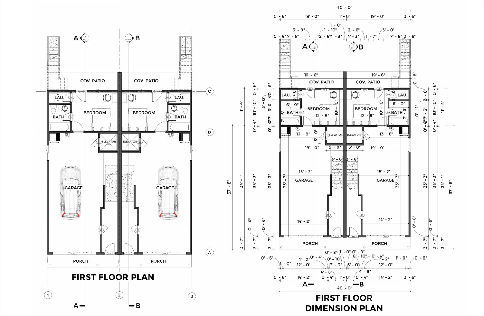40’x55′ Duplex Plans: 4304 Sqft, 2 Units w/Garages, Elevators & Balconies