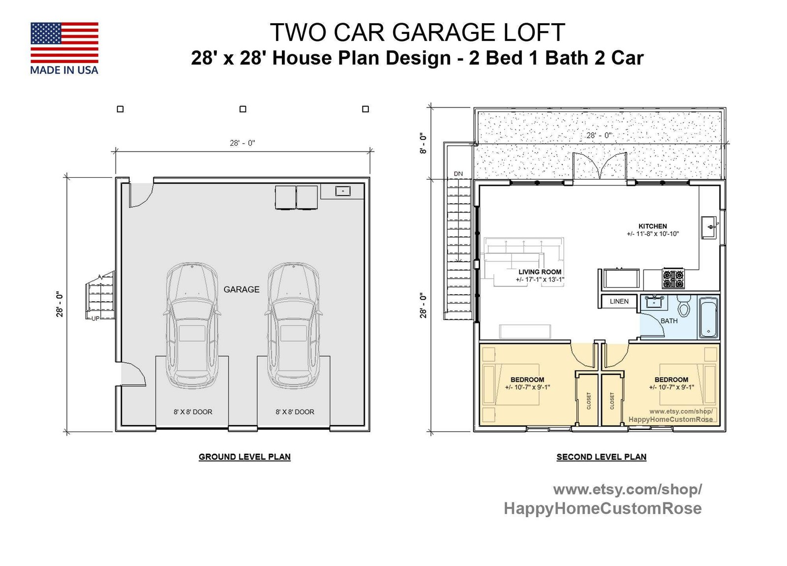 Tall Maple 2 story Detached 28’x28′ Two Car Garage Loft House Plan Design – 2 Be