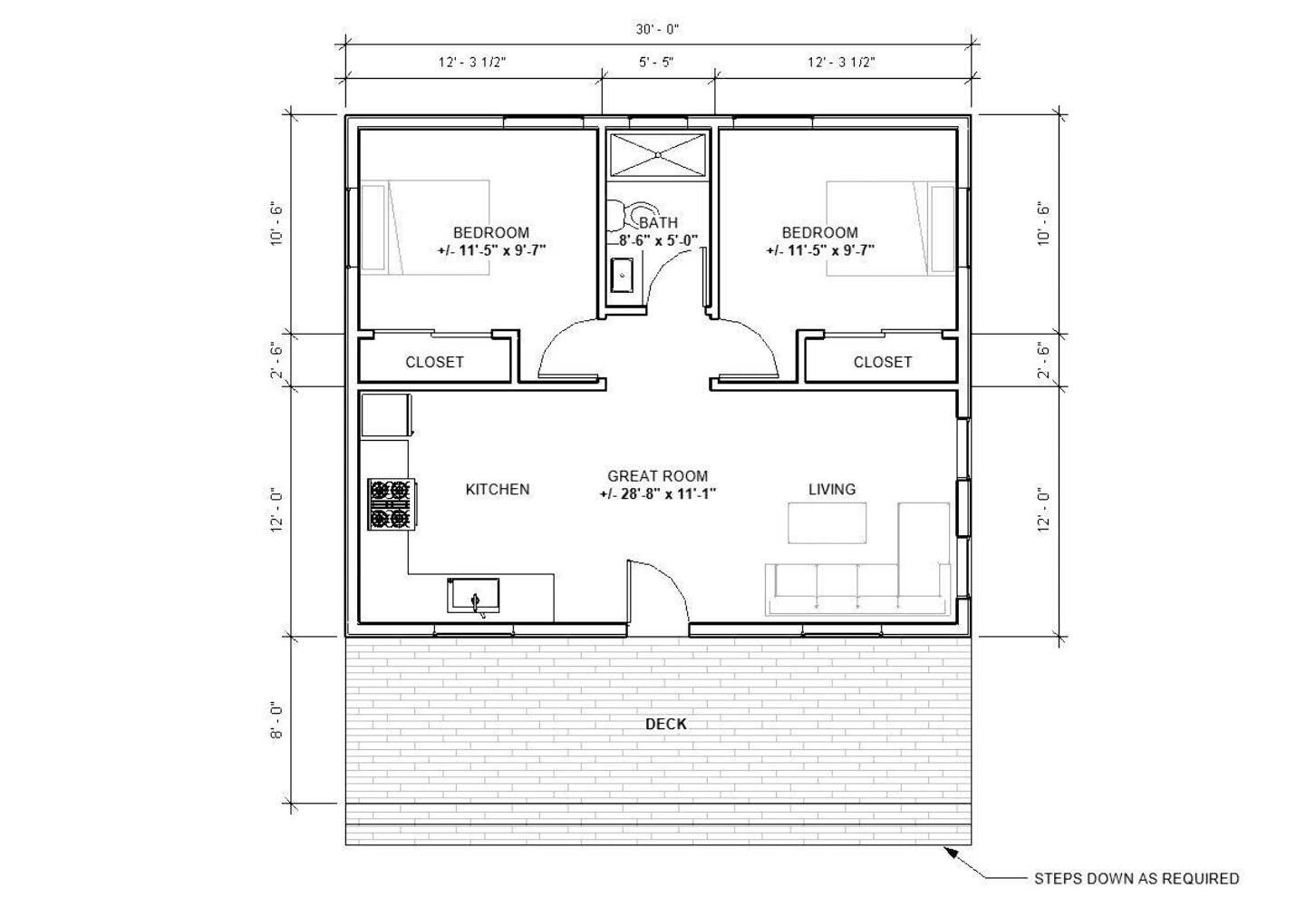 The Twin Tulip ADU 2 bed 1 bath (30’x25′) 750SF Custom House Plans and Blueprint