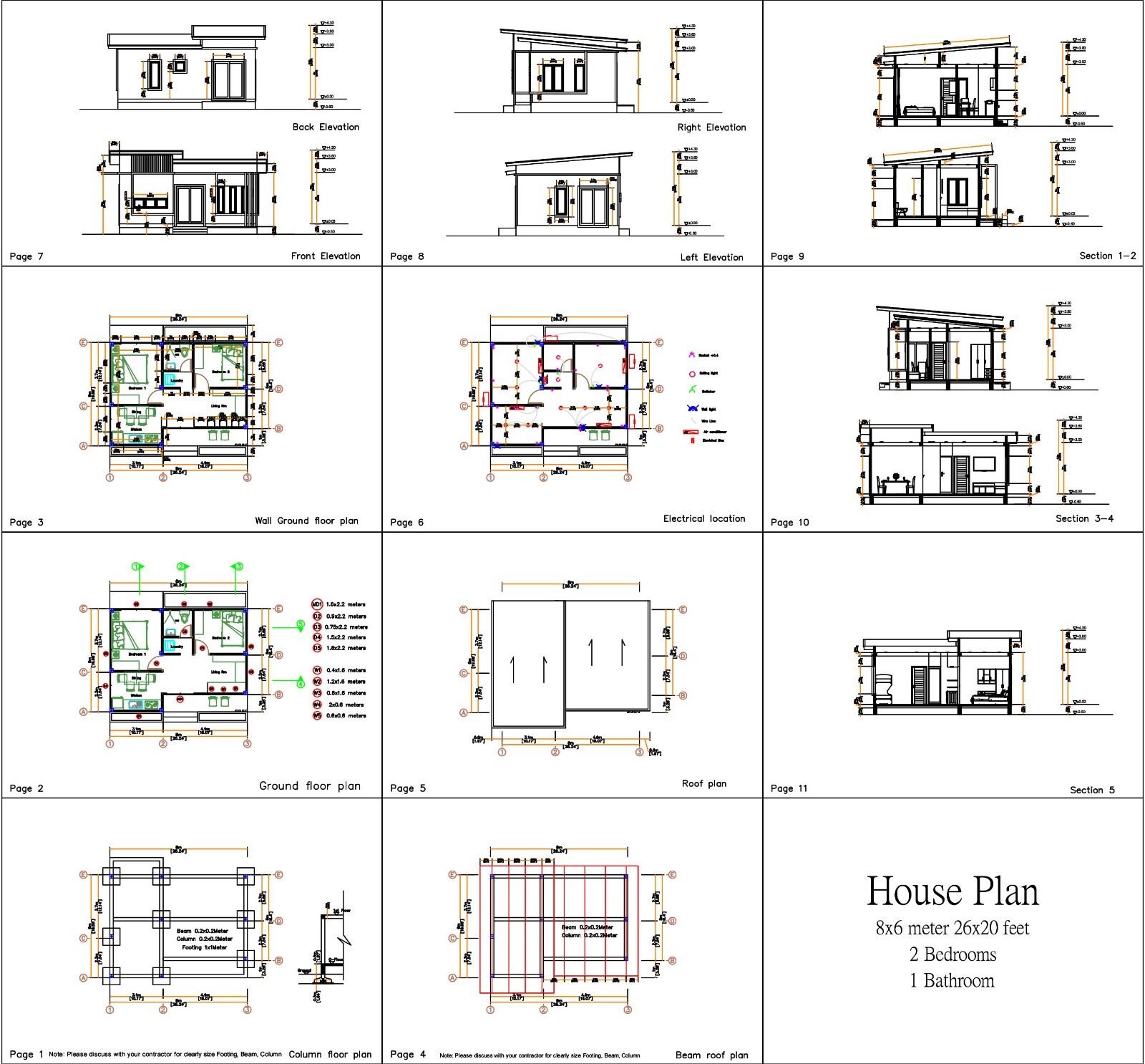 26×20 Feet House Design 8×6 Meter 2 Beds 1 Bath Shed Roof PDF (A4 Hard Copy)