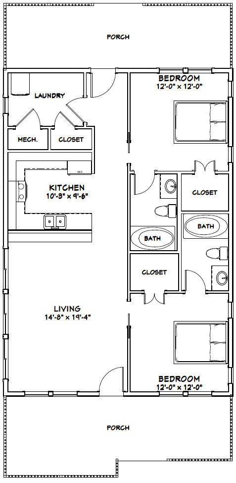 28×40 House — 2 Bedroom 2 Bath — PDF Floor Plan — 1,120 sq ft — Model 2A