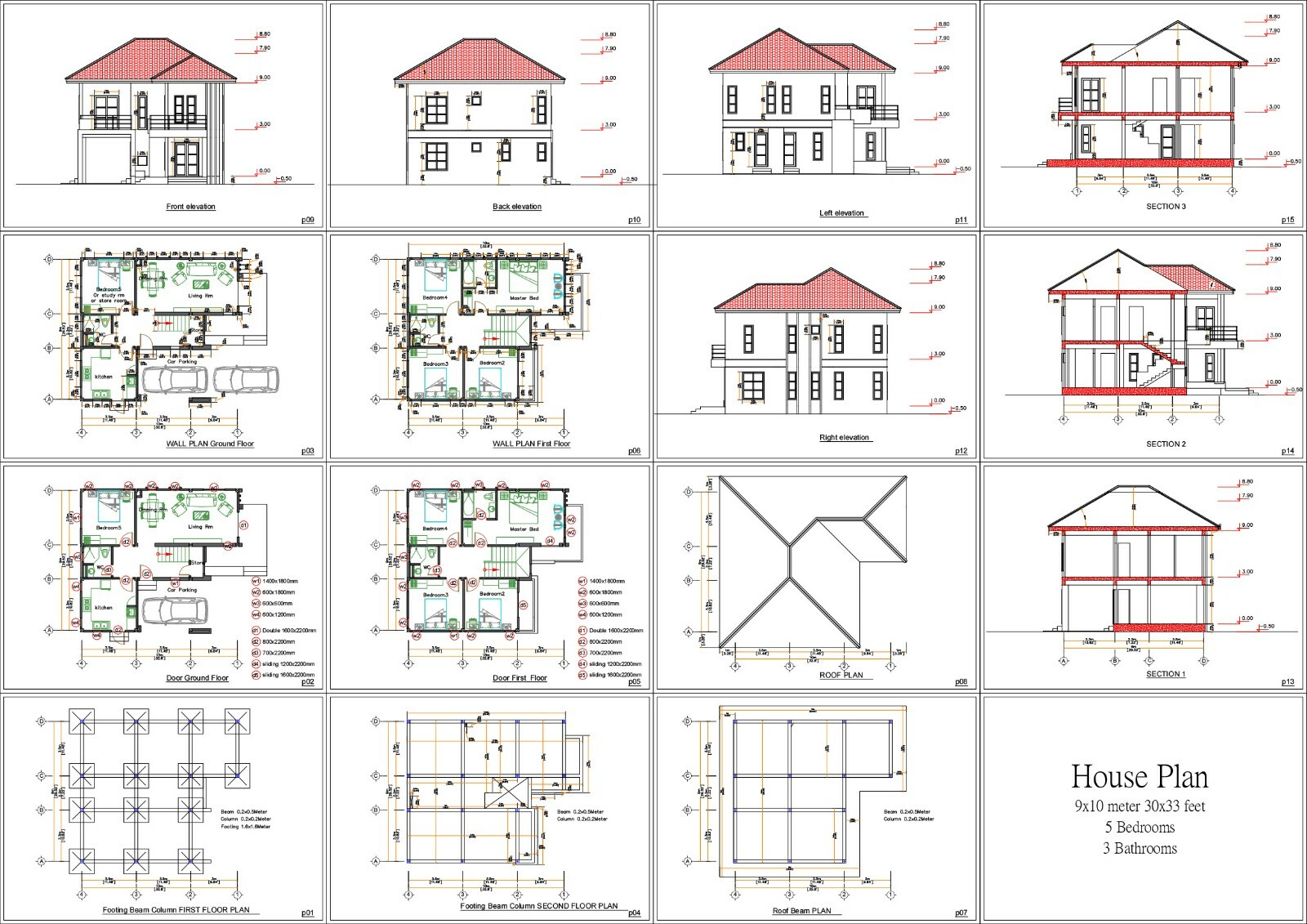 Custom House Plan 9×10 Meter 30×33 Feet 5 Beds 3 Baths Hip Roof (A4 Hard Copy)
