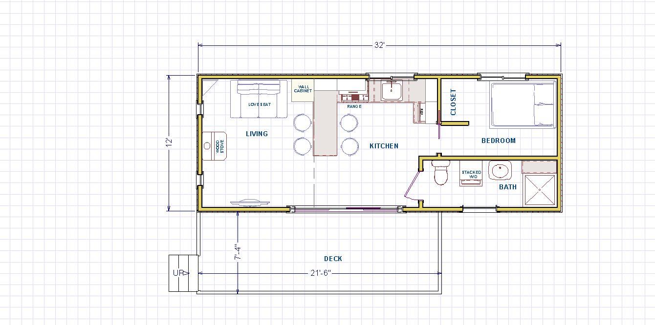 Tiny House Plans 384 sq.ft. outdoor deck FREE SHIPPING