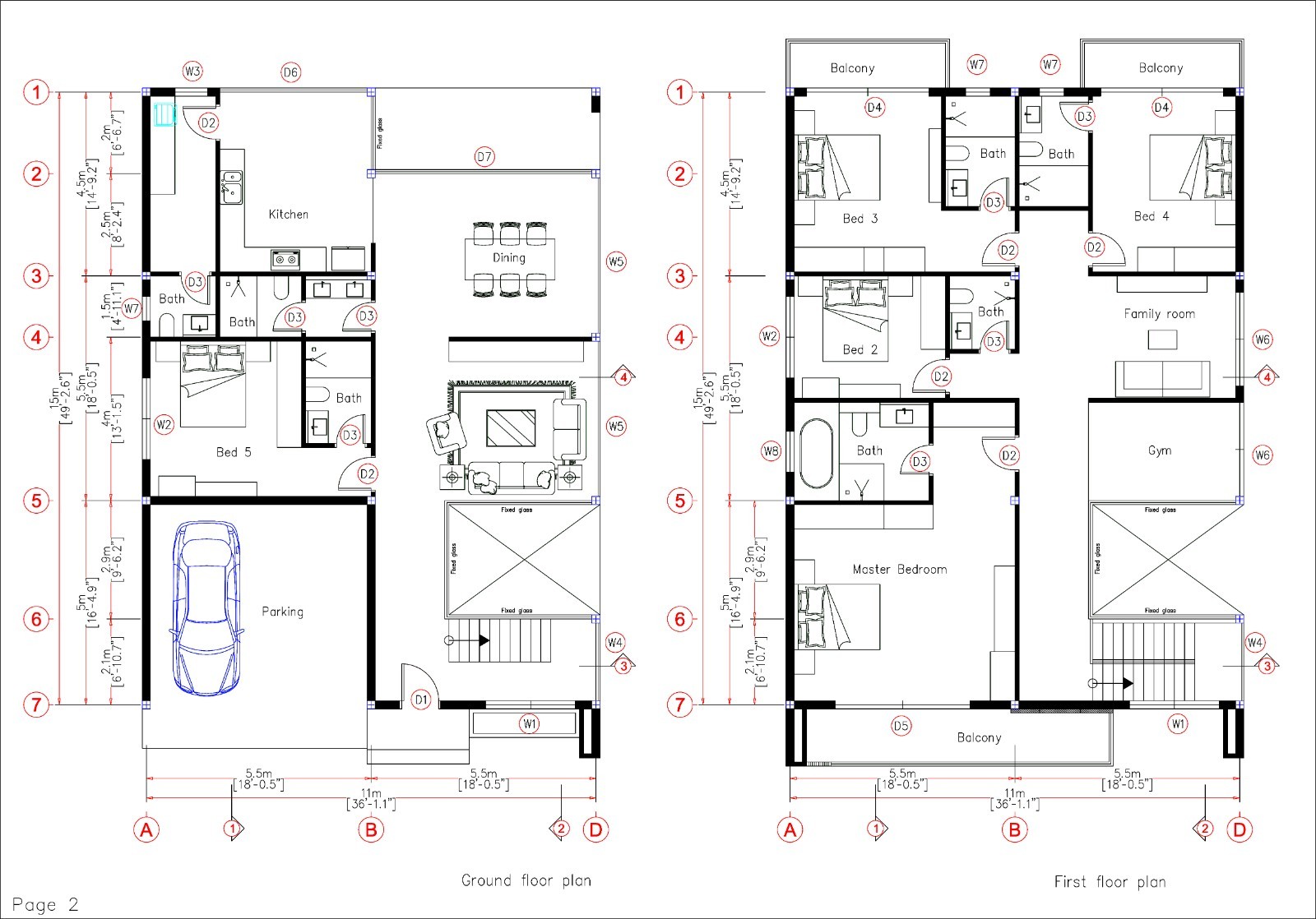 36×49 Feet House Plan 11×15 Meter 5 Bed 7 Bath Slab Roof CAD, PDF, &A4 Hard Copy