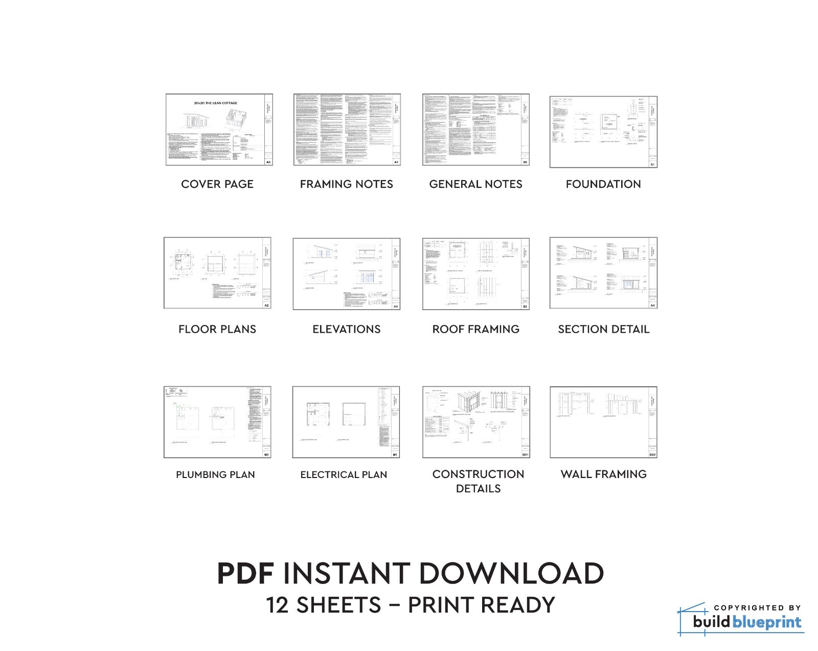 20×20 Lean Modern Cottage Custom Architectural Plans 400SF – PDF Download