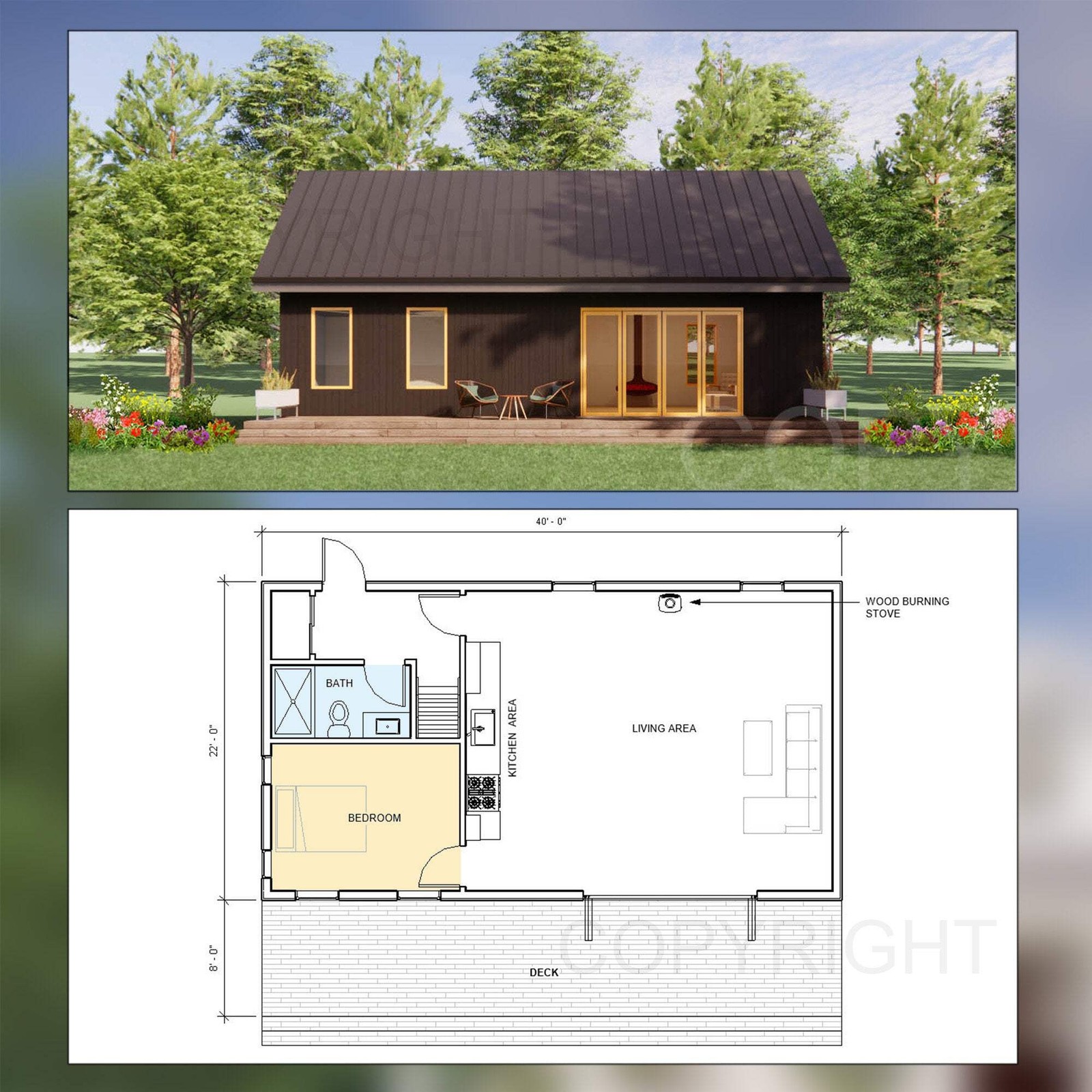 Modern Cabin Design – Minimal Scandavian 880 Square Feet – 2 Bed 1 Bath – Drawin