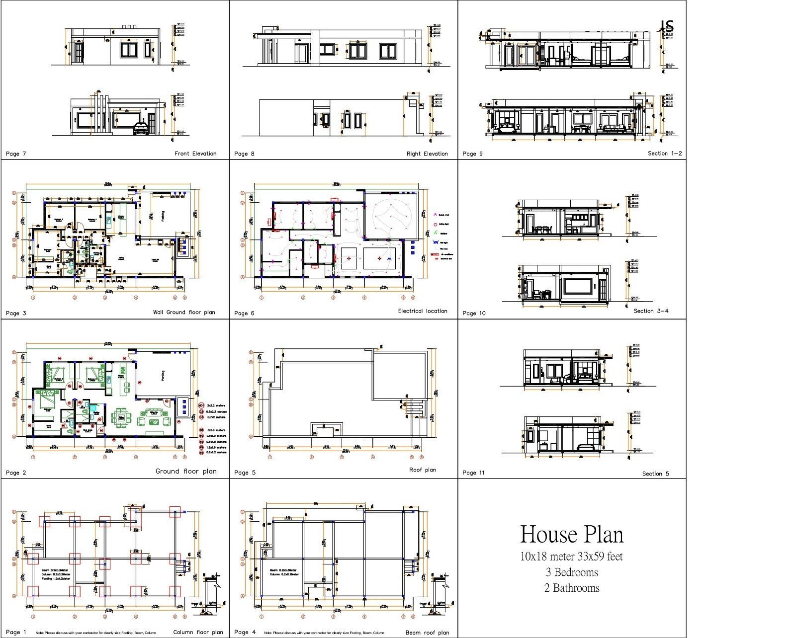 House Design 3d 10×18 Meter 33×59 Feet 3 Bedrooms Terrace Roof (A4 Hard Copy)
