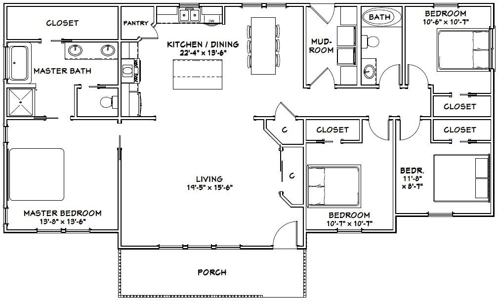 60×30 House — 4 bedroom 2 Bath — 1,700 sqft — PDF Floor Plan — Model 6
