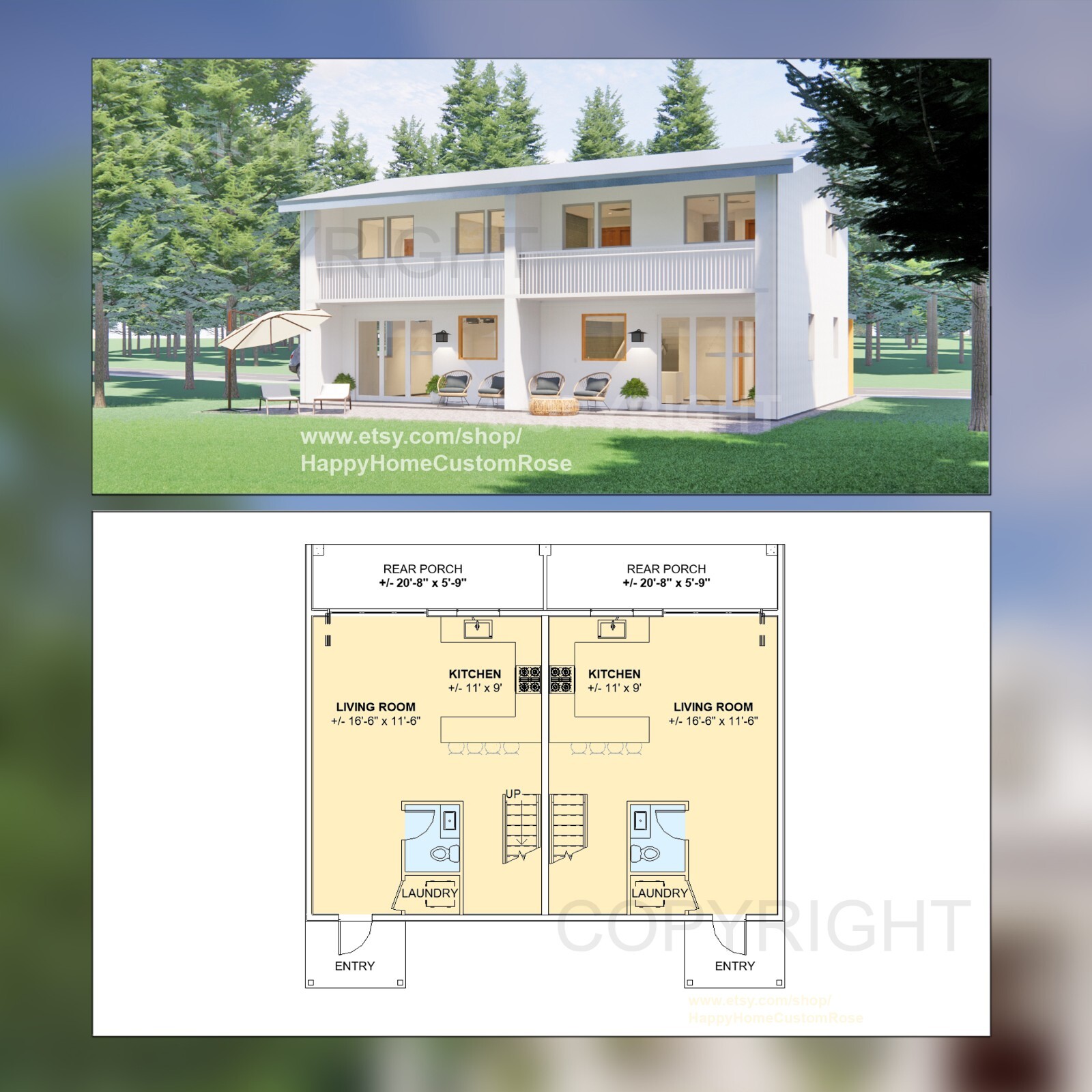 Two level duplex Investment Plan – 2 Bed 1 bath – 1200 SF – Drawings Blueprint