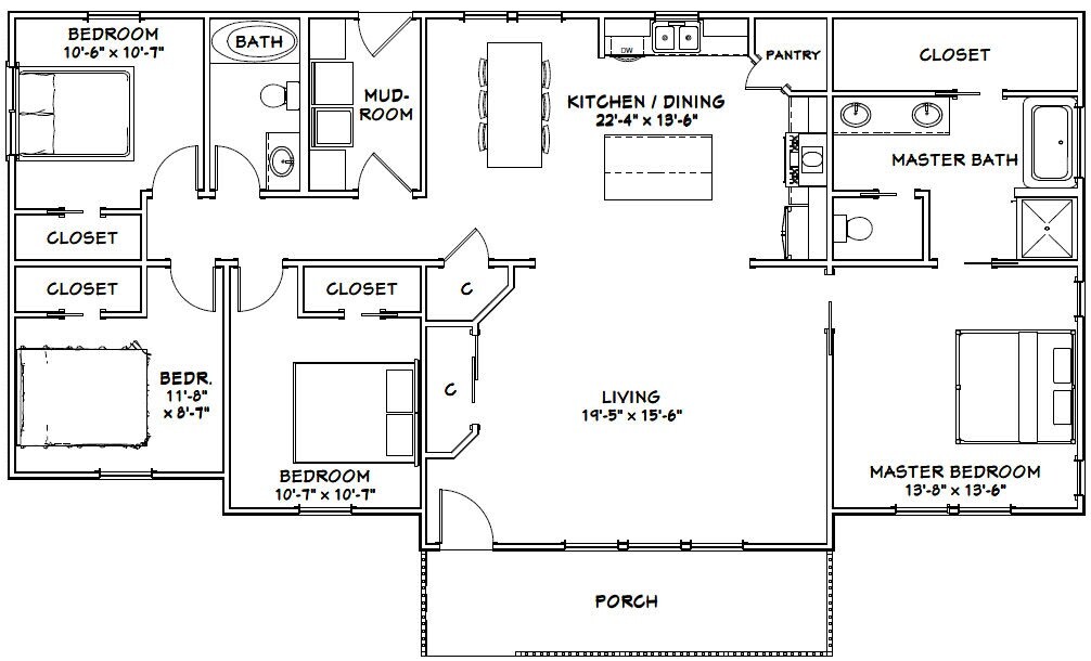 60×30 House — 4 bedroom 2 Bath — 1,700 sqft — PDF Floor Plan — Model 6A