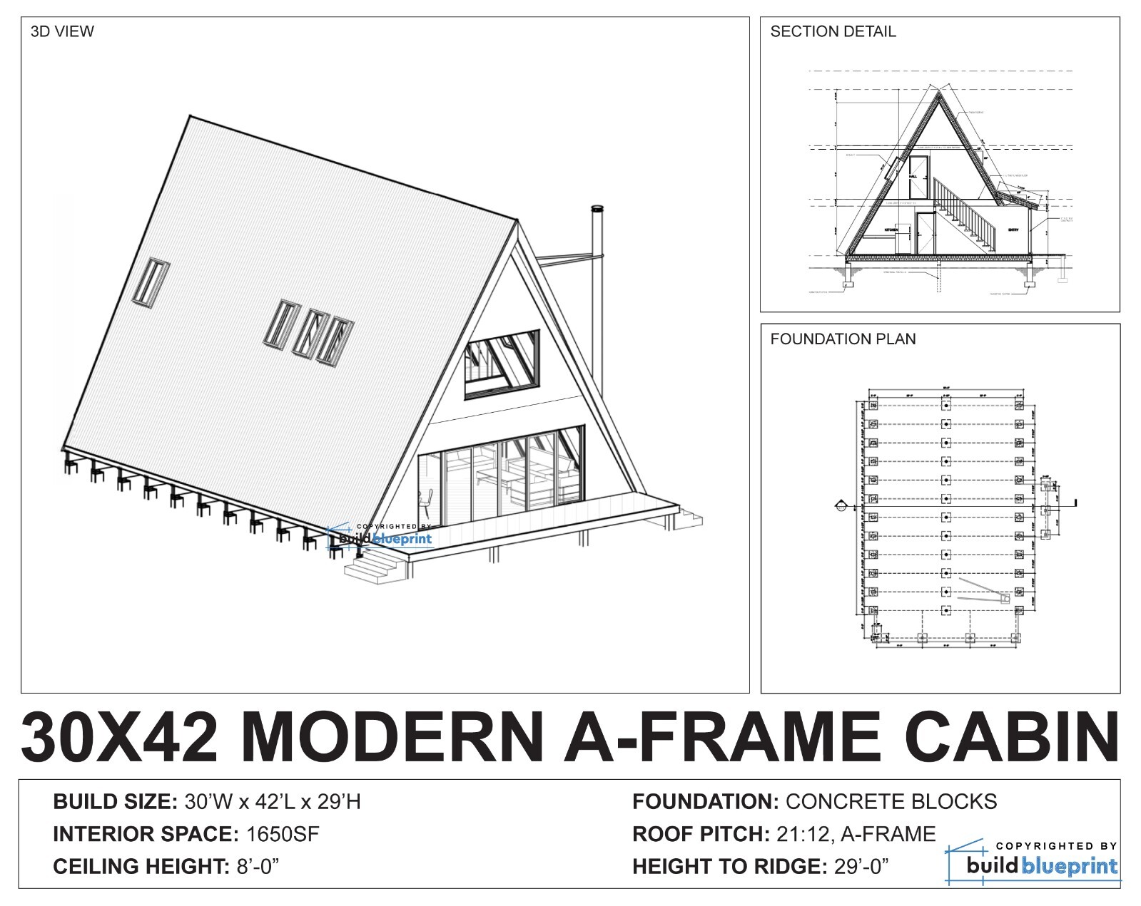 30′ x 42′ A-Frame Modern Getaway Cabin Architectural Plans – PDF Download