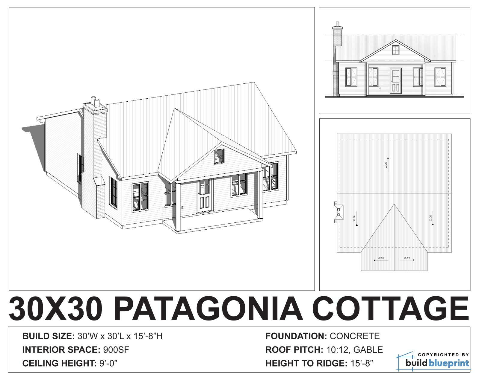 30’x30′ Modern Small Cottage Architectural House Plans 900SF – PDF Download