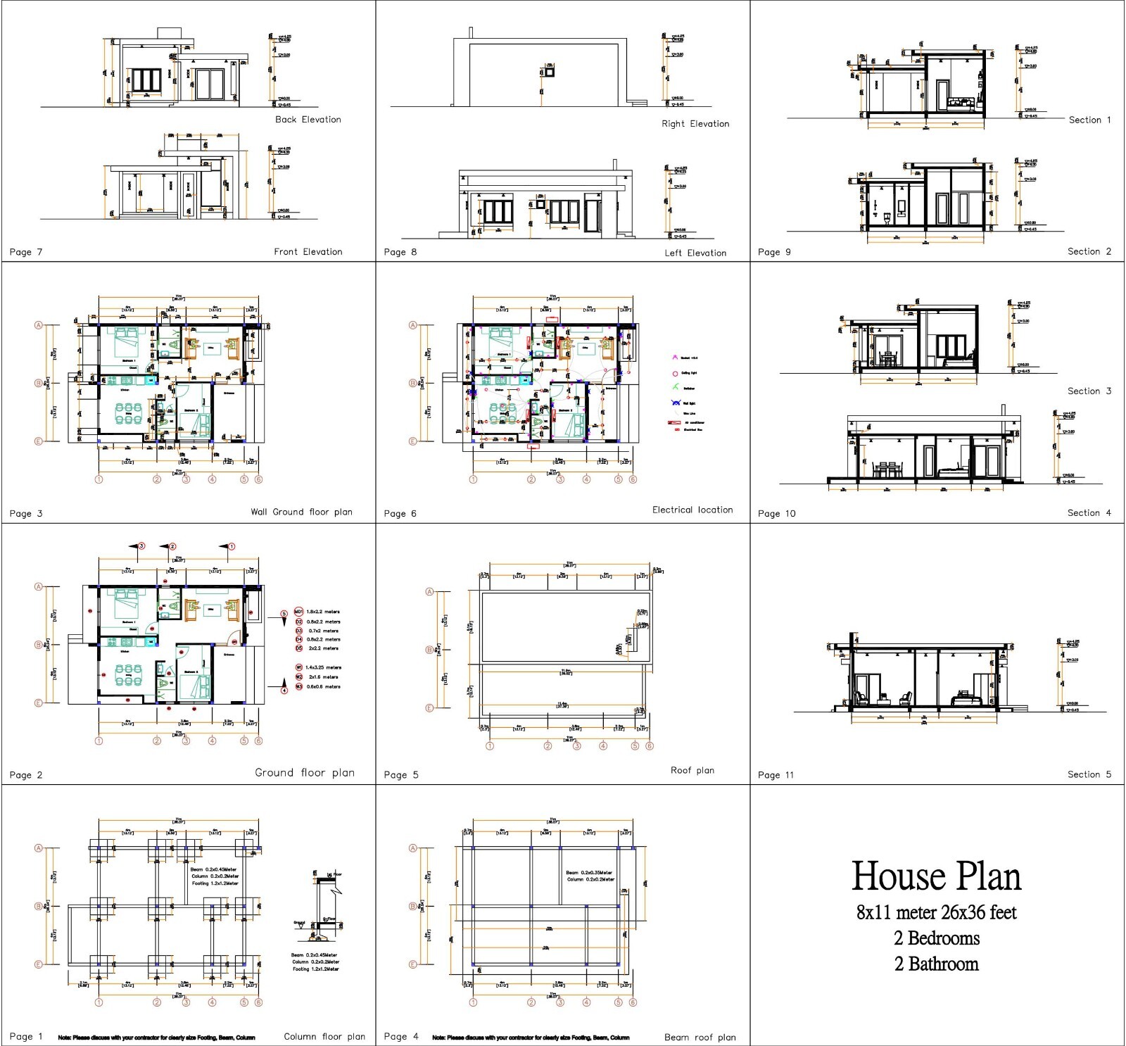 26×36 Feet House Plans 8×11 Meter 2 Beds 2 Baths Terrace Roof PDF (A4 Hard Copy)