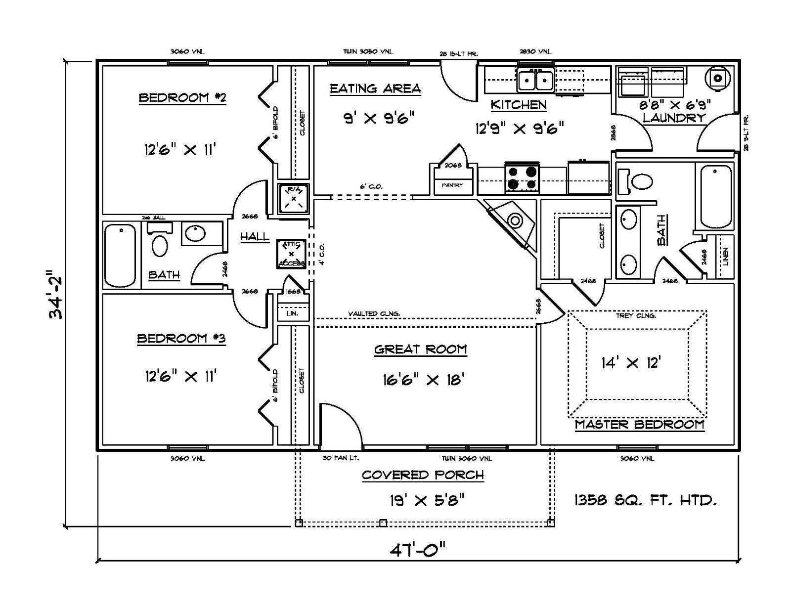House Plan PDFs for 1358 Sq. Ft. 3 Bedroom House