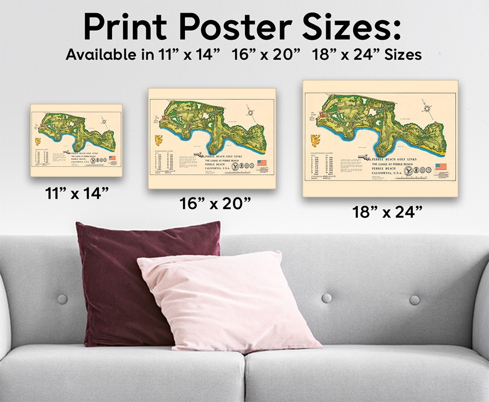 Pebble Beach Golf Links Vintage Course Map California Illustrated Wall Art