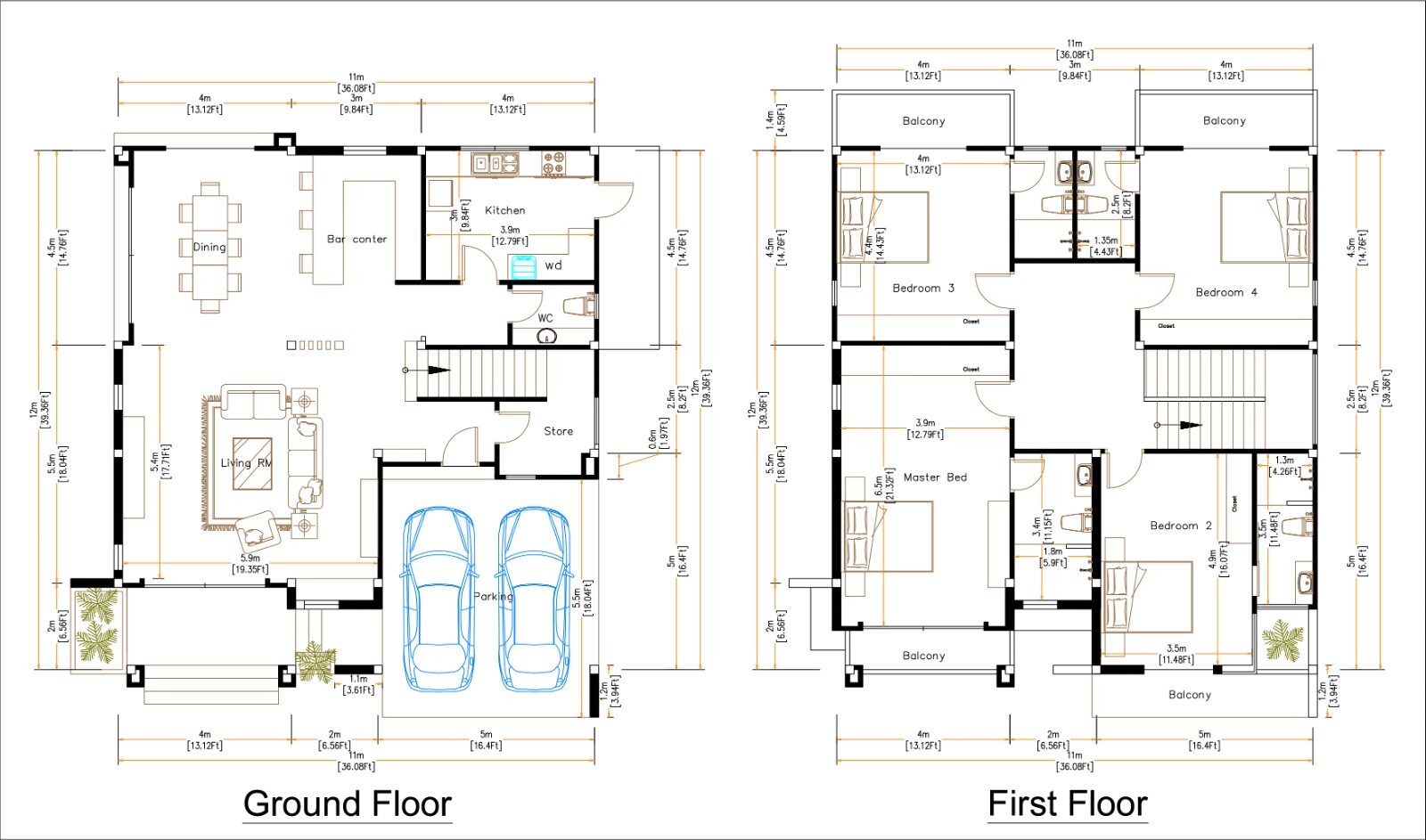 36×40 Feet House Design Plans 11×12 Meter 4 Beds 5 Baths Hip Roof (A4 Hard Copy)