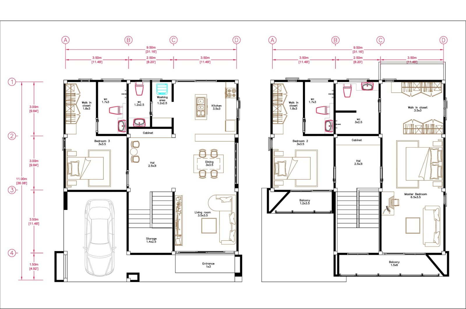 31×36 House Design Plan 9.5×11 M with 3 Bedrooms PDF Full Plans (A4 Hard Copy)