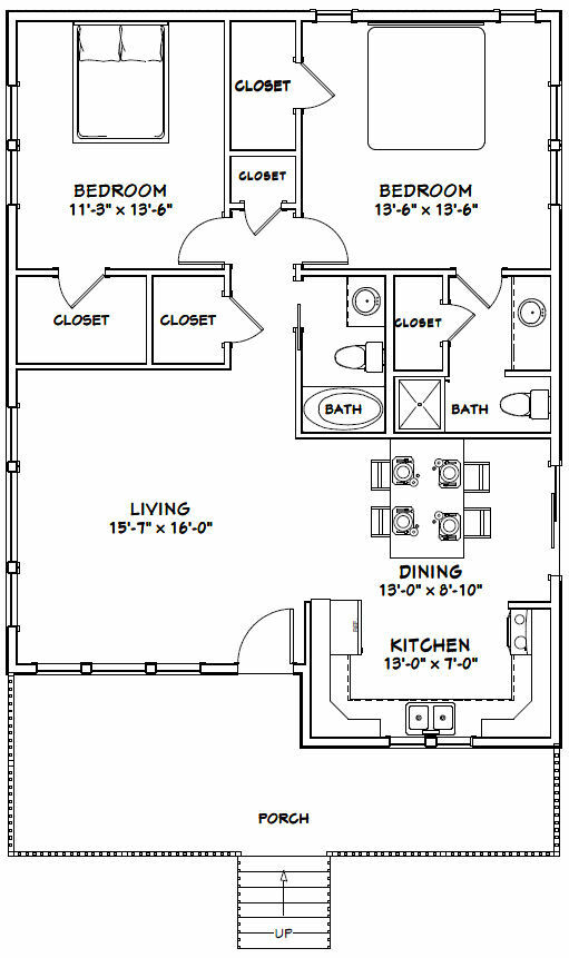 30×40 House — 2 Bedroom 2 Bath — 1,136 sq ft — PDF Floor Plan — Model 1A
