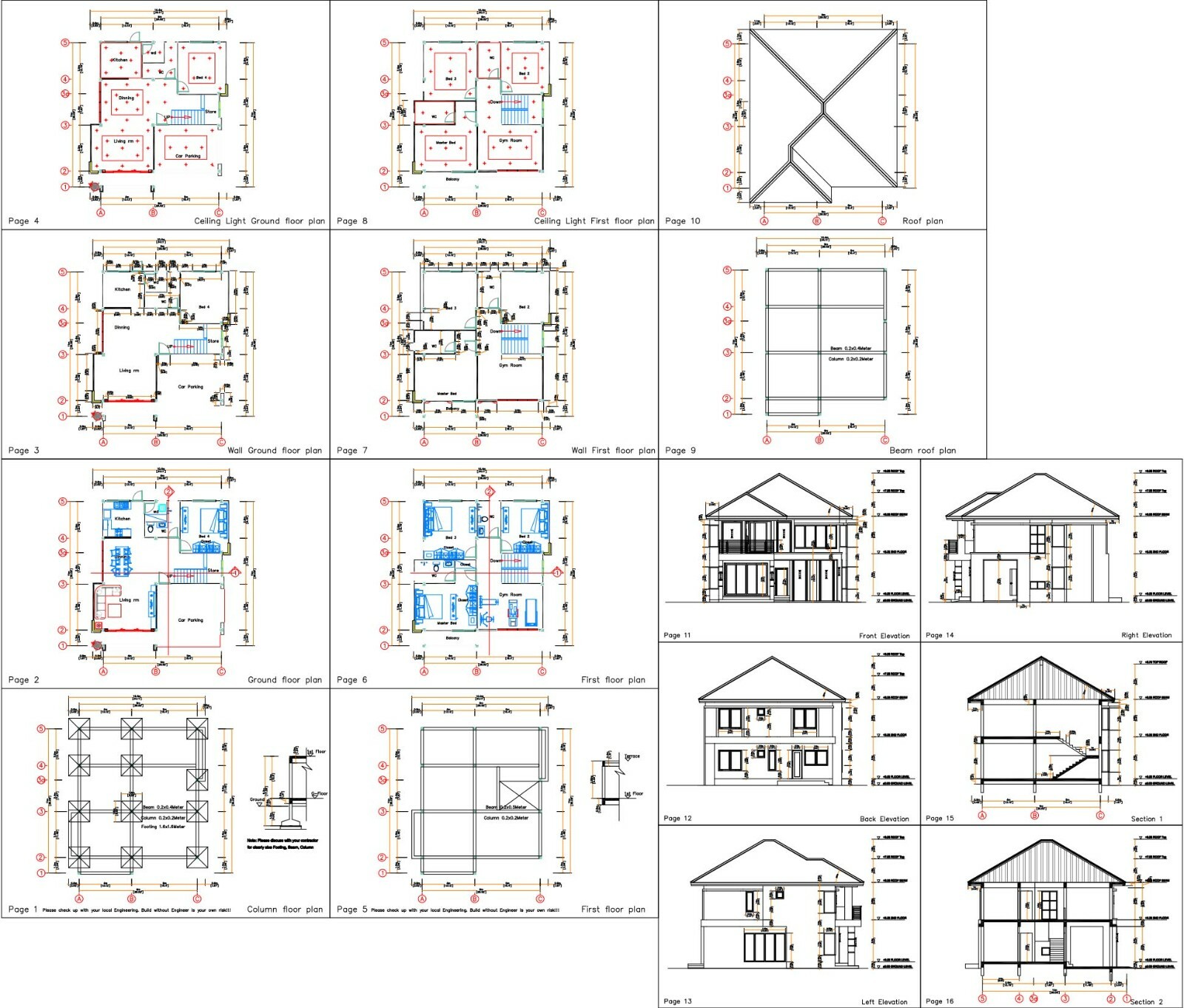 Custom House Plans 30×36 Feet 9×11 Meter 4 Beds 3 Baths Hip Roof (A4 Hard Copy)