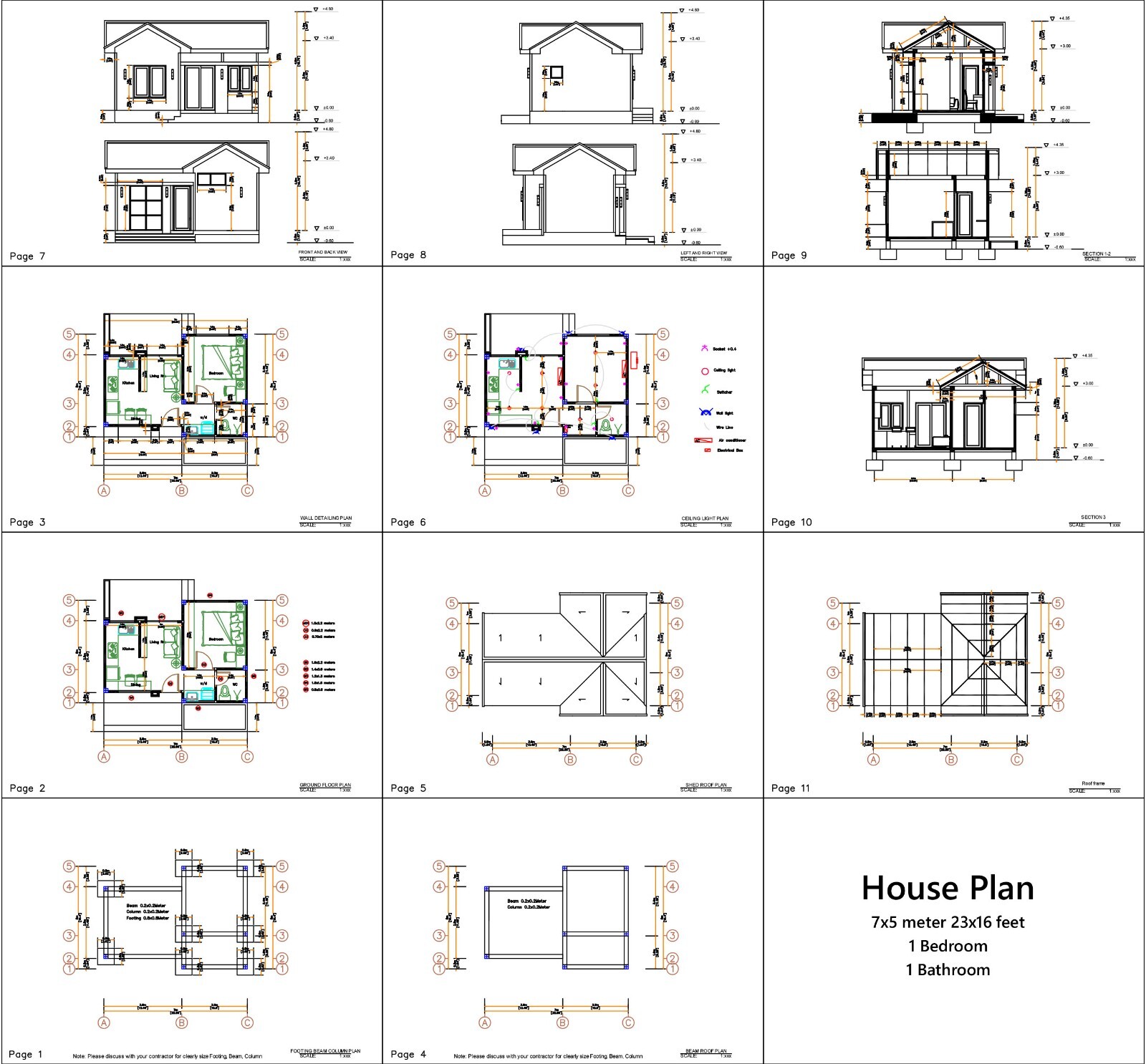 23×16 Feet Tiny House Plans 7×5 Meter One Bedroom Gable Roof PDF (A4 Hard Copy)