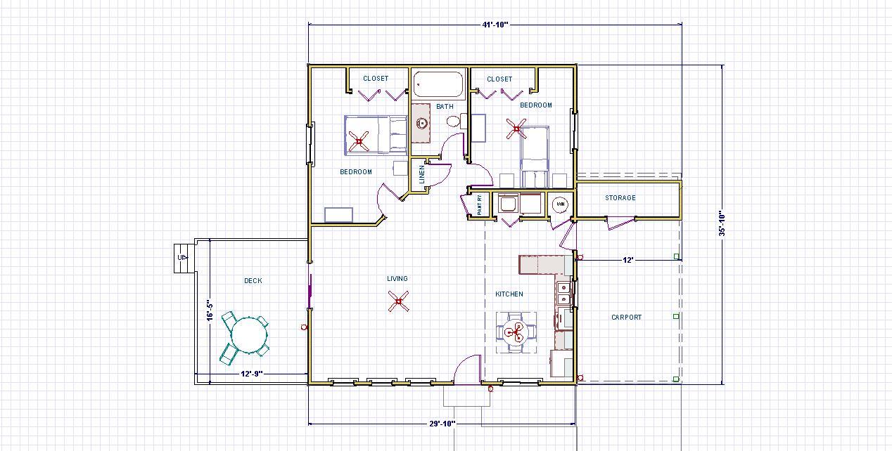 Small House Plans 1080 sq.ft. two bedrooms. FREE SHIPPING