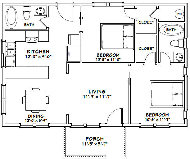 36×24 House — 2 Bedroom 2 Bath — 864 sq ft — PDF Floor Plan — Model 8D
