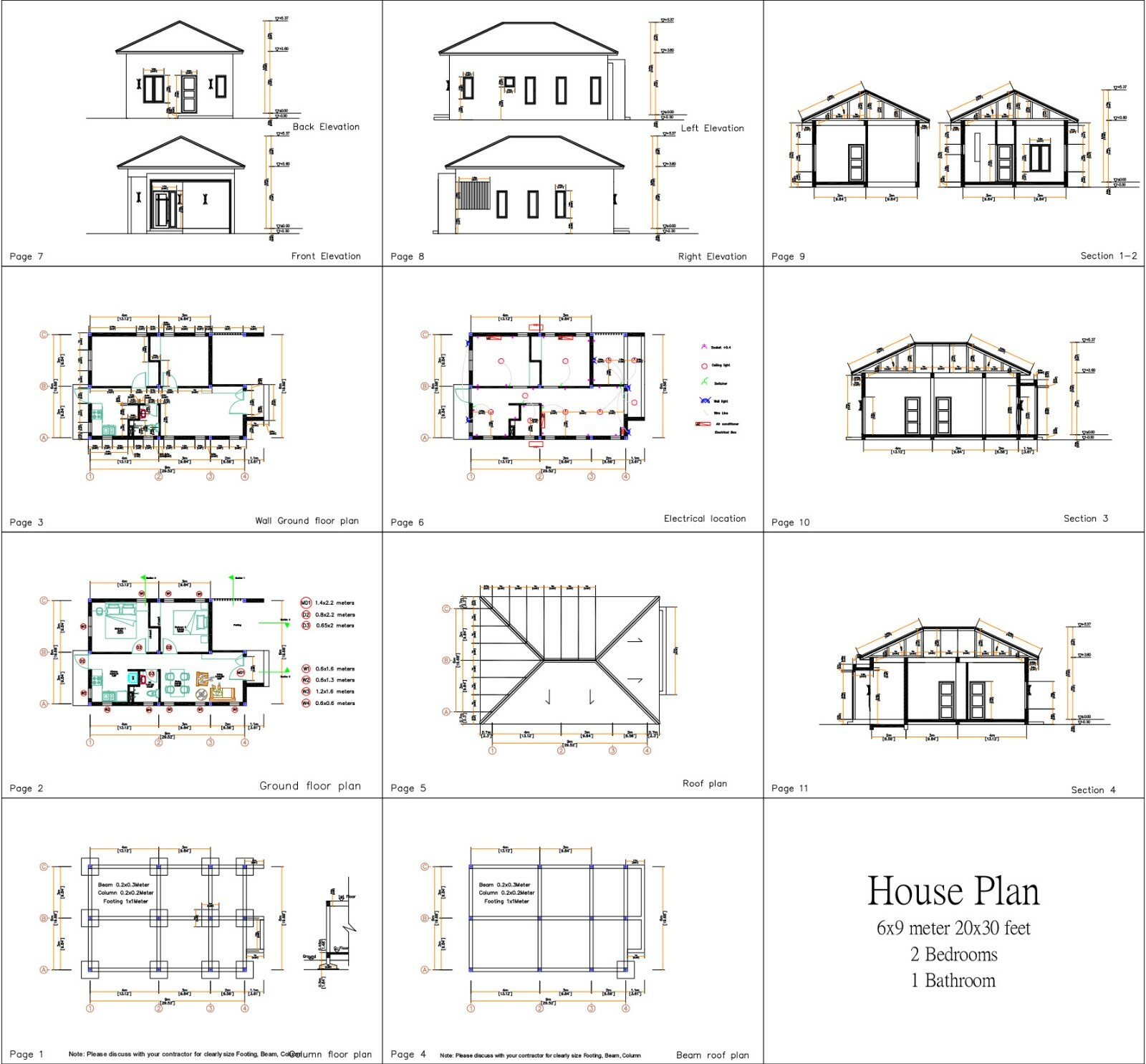 Custom Small House Design 6×9 Meter 2 Beds 1 Bath 20×30 Feet Hip (A4 Hard Copy)