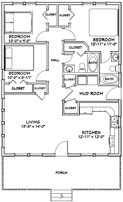28×36 House — 3 Bedroom 2 Bath — 1,008 sq ft — PDF Floor Plan — Model 1Q