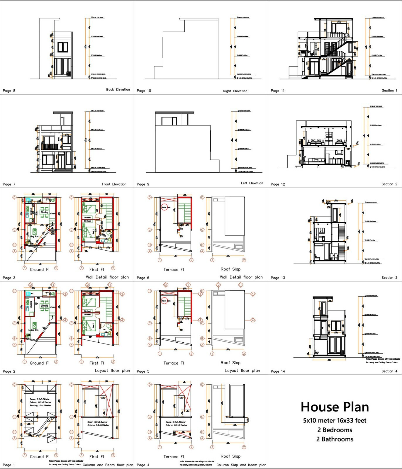 Home Designs 5×10 Meter 17×33 Feet 2 Bedrooms Terrace Roof PDF (A4 Hard Copy)