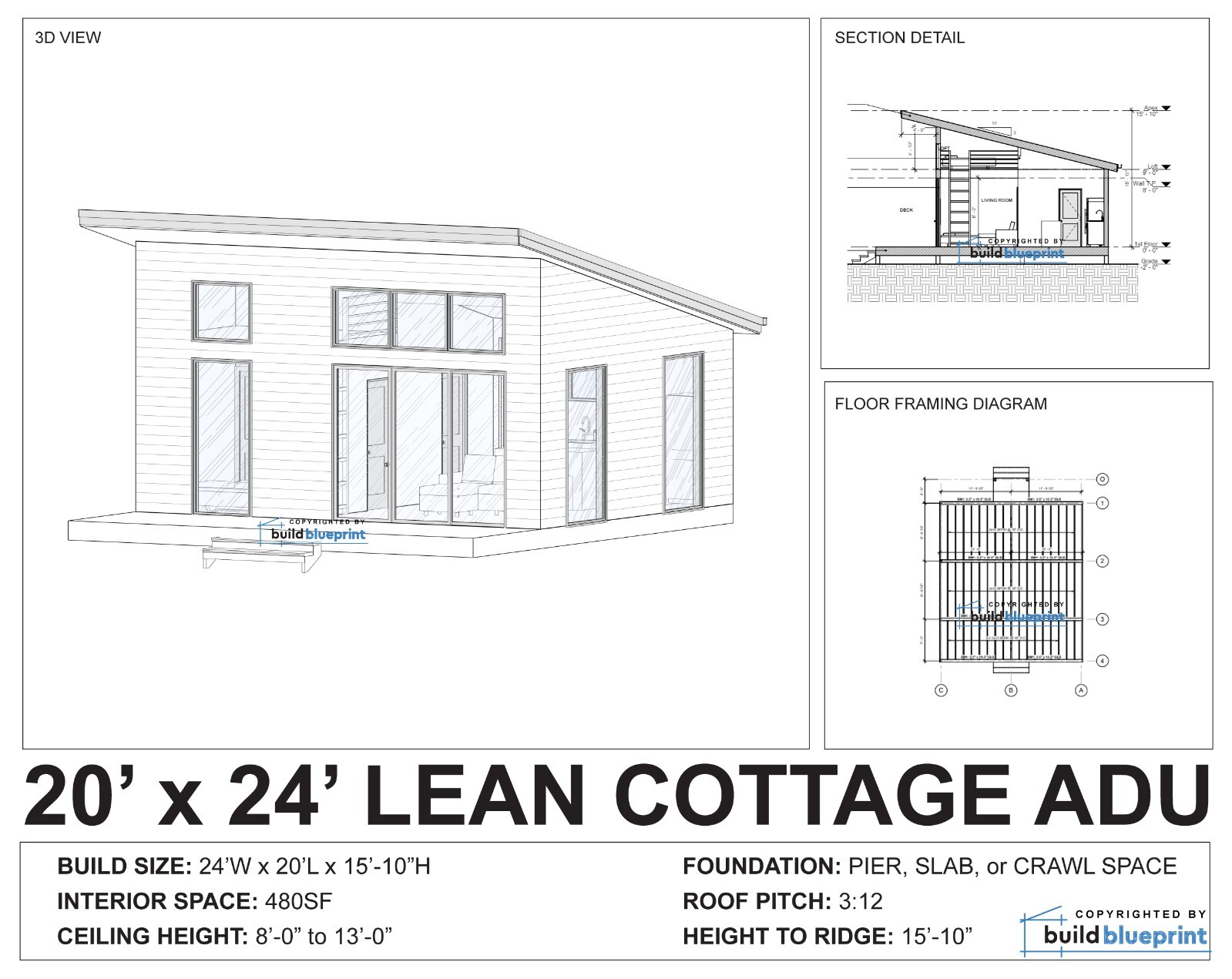 20×24 Lean Modern Cottage Custom Architectural Plans 480SF – PDF Download