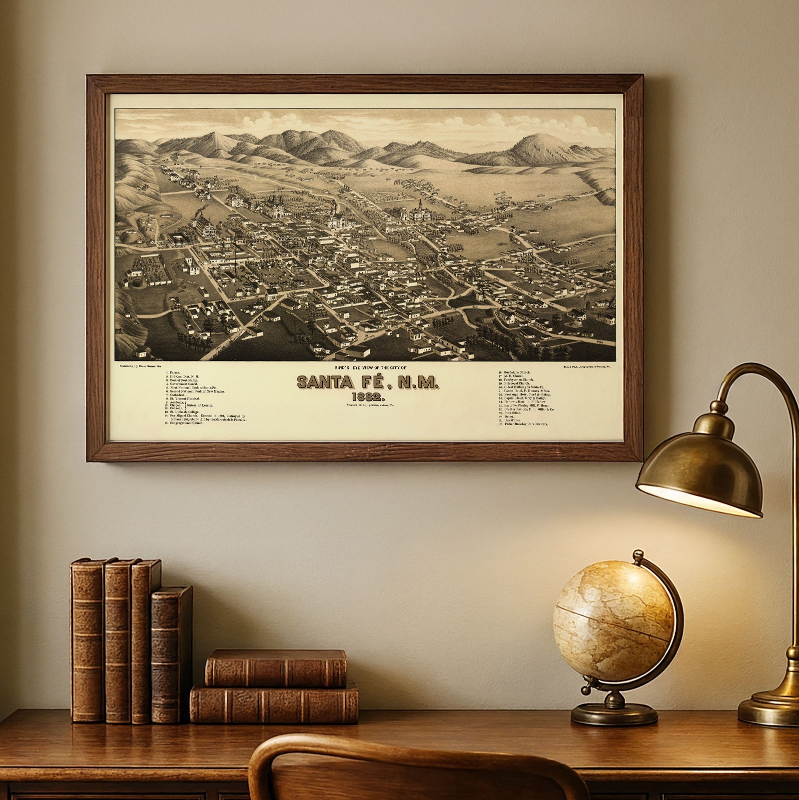 Santa Fe New Mexico 1882 Bird’s Eye View Historic City Map Vintage Wall Art