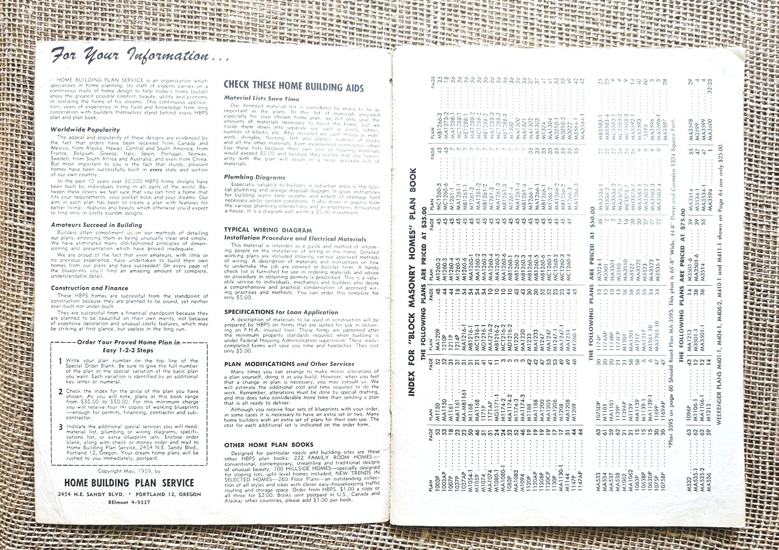 1959 Block Masonry Home Building Plan Service Floor Plan Book Portland