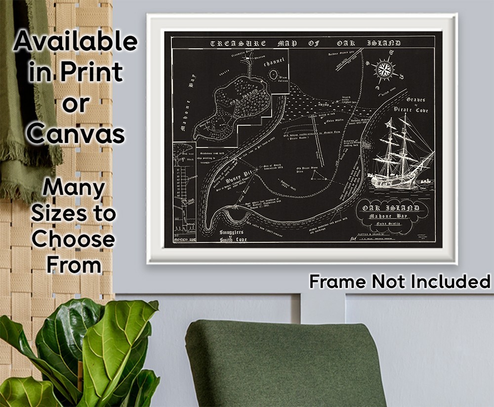 Oak Island Treasure Map Vintage Pirate Chart Nova Scotia Historic Wall Art