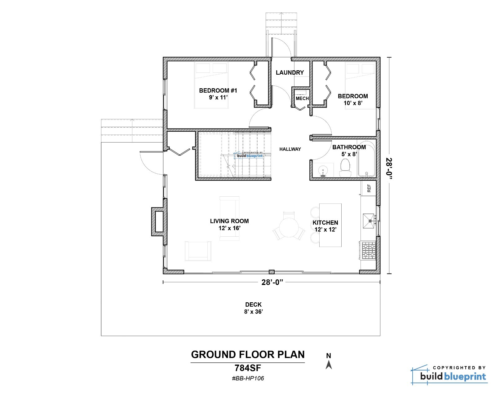 28′ x 28′ Modern Vacation Cabin Architectural Plans 1025SF – PDF Download