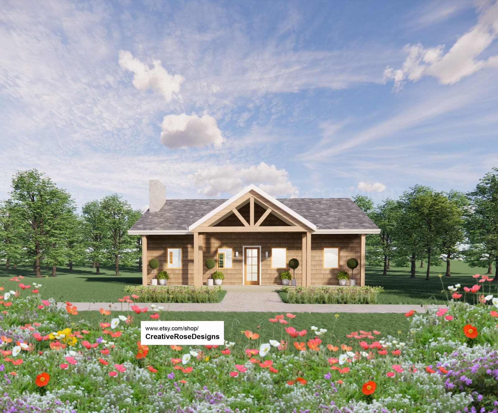 American Cottage House Plan 40×26 – 3 Bed 1040 SF – Custom Home Blueprints