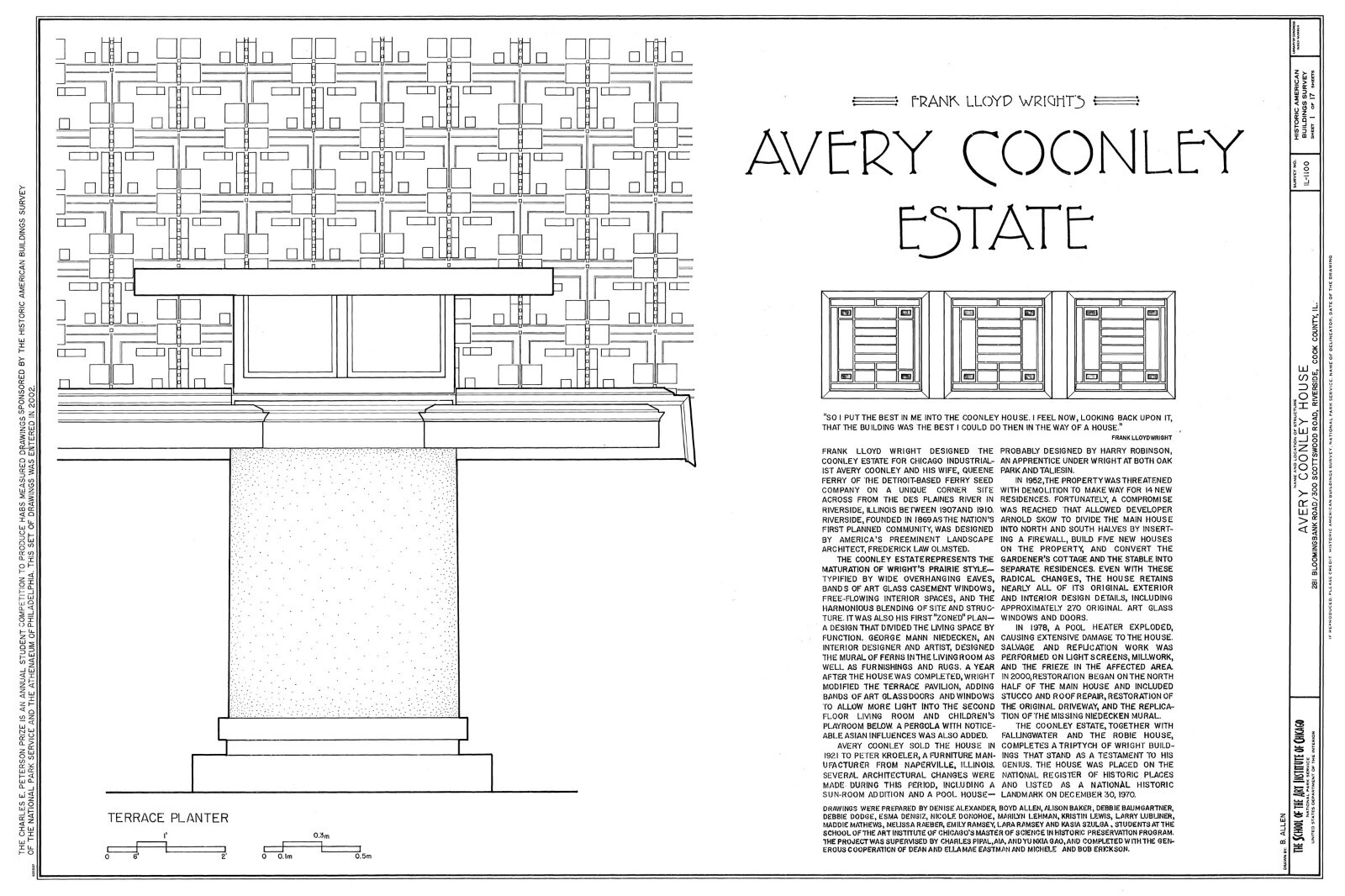 Frank Lloyd Wright Prairie Style home, architectural drawings, Coonley House