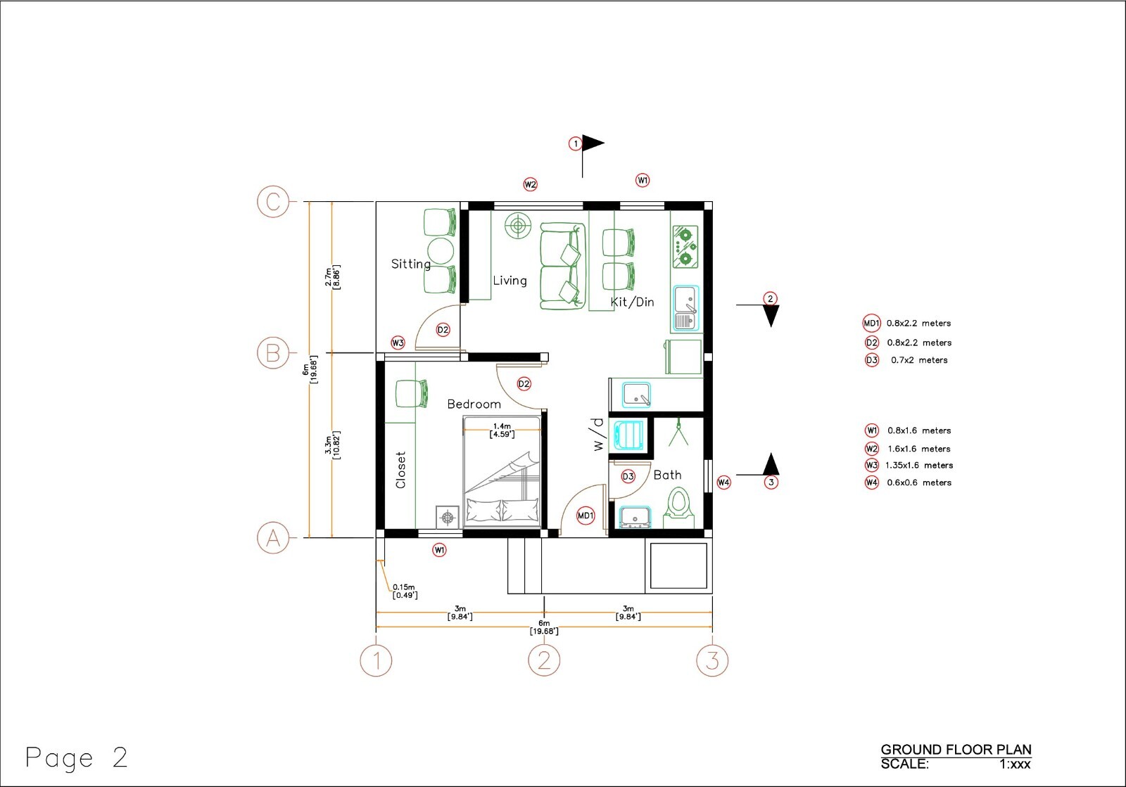 20×20 Feet One Bedroom Small House Plan 6×6 Meter 2 Bath Shed PDF (A4 Hard Copy)