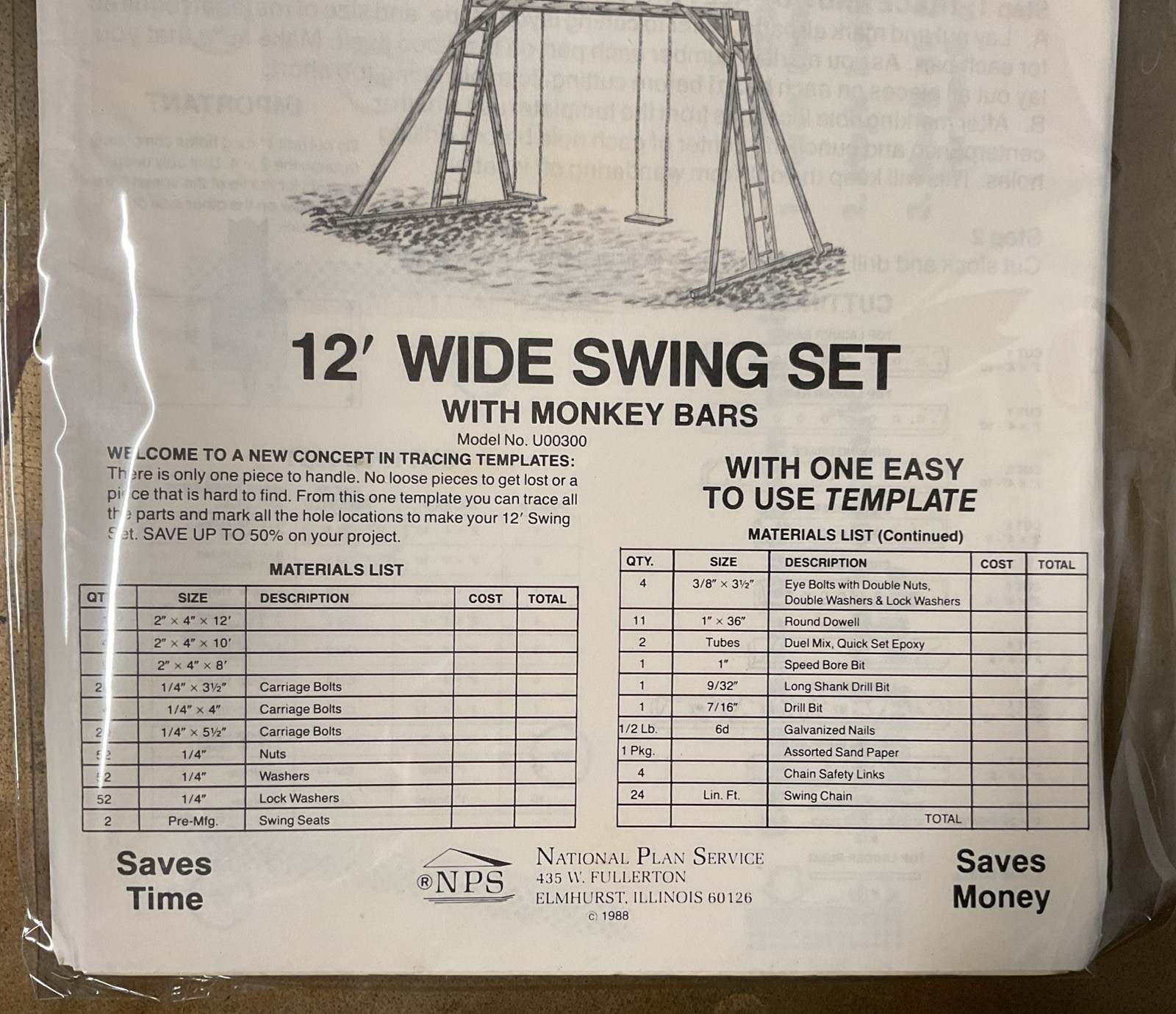 UCANDO U00300 12’ Wide Swing Set W/Monkey Bars Plans Rebagged With Material List