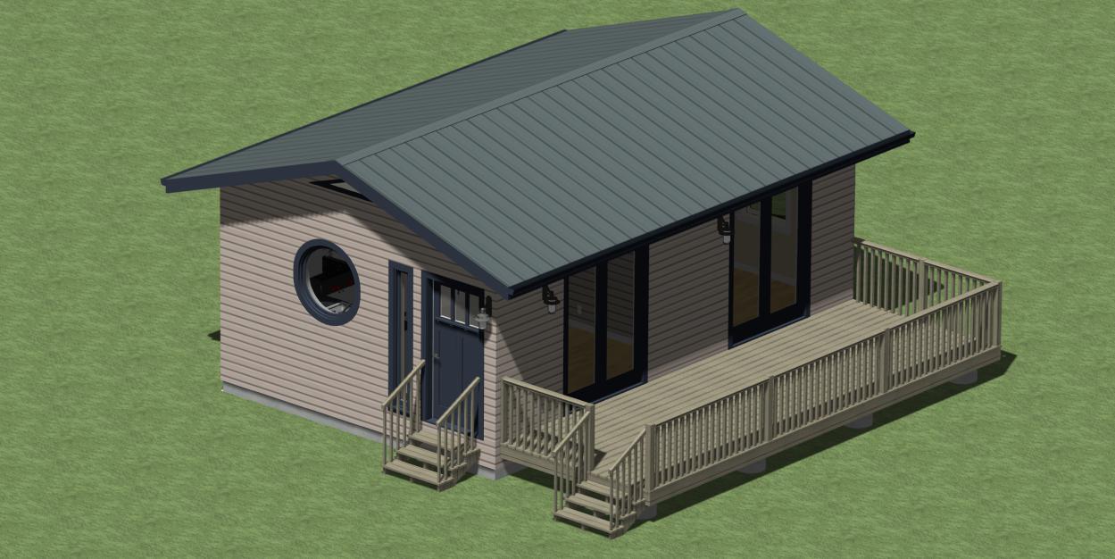 ADU / TINY HOUSE PLANS 384 sq.ft. with one bedroom and outdoor deck.