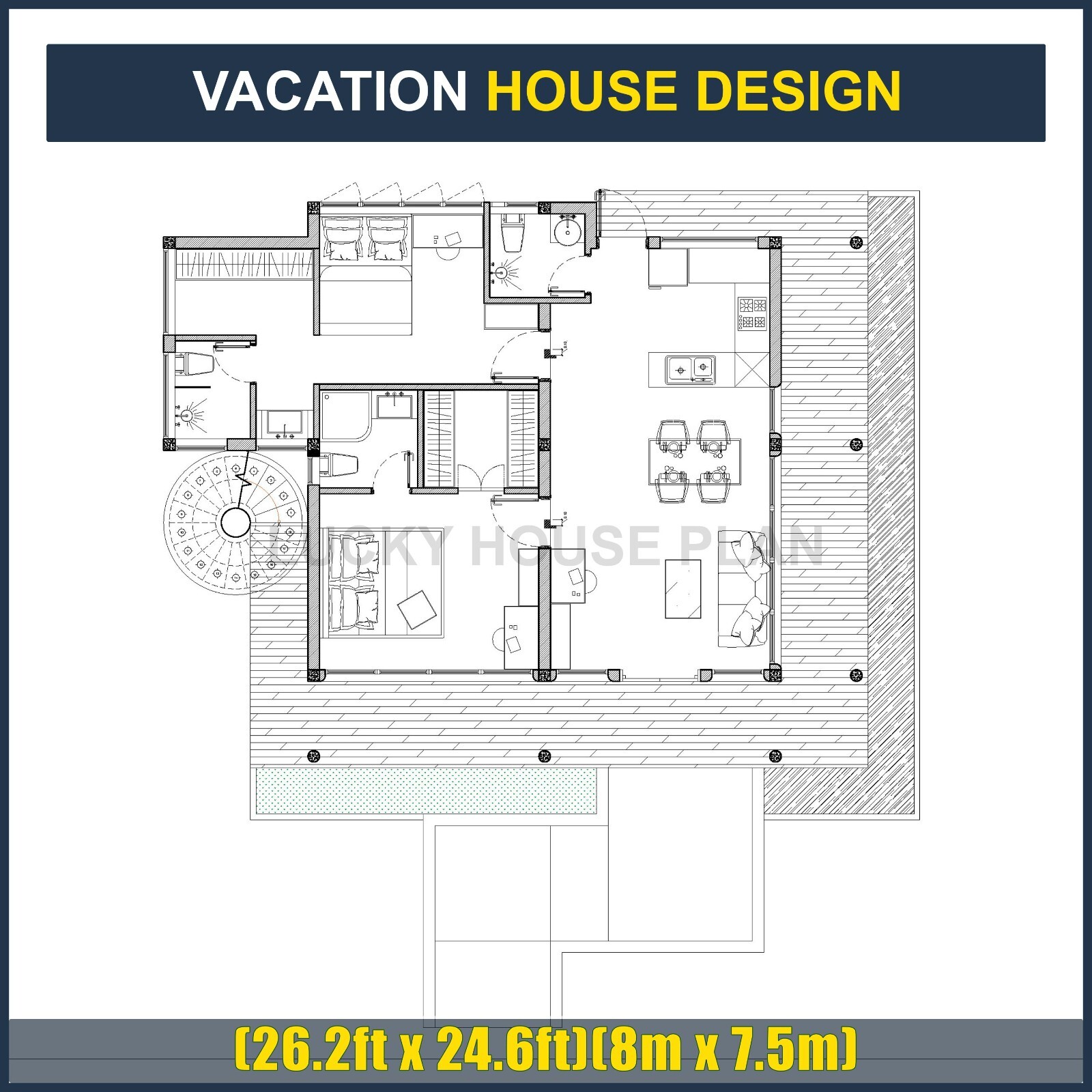 Vacation House Design, 2 Bedrooms 3 Bathrooms, PDF+DWG+3D SketchUp