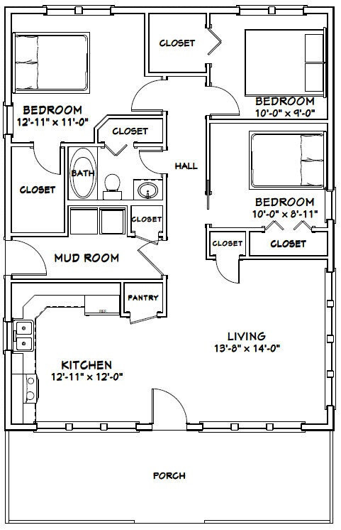 28×36 House — 3 Bedroom 1 Bath — 1,008 sq ft — PDF Floor Plan — Model 1J