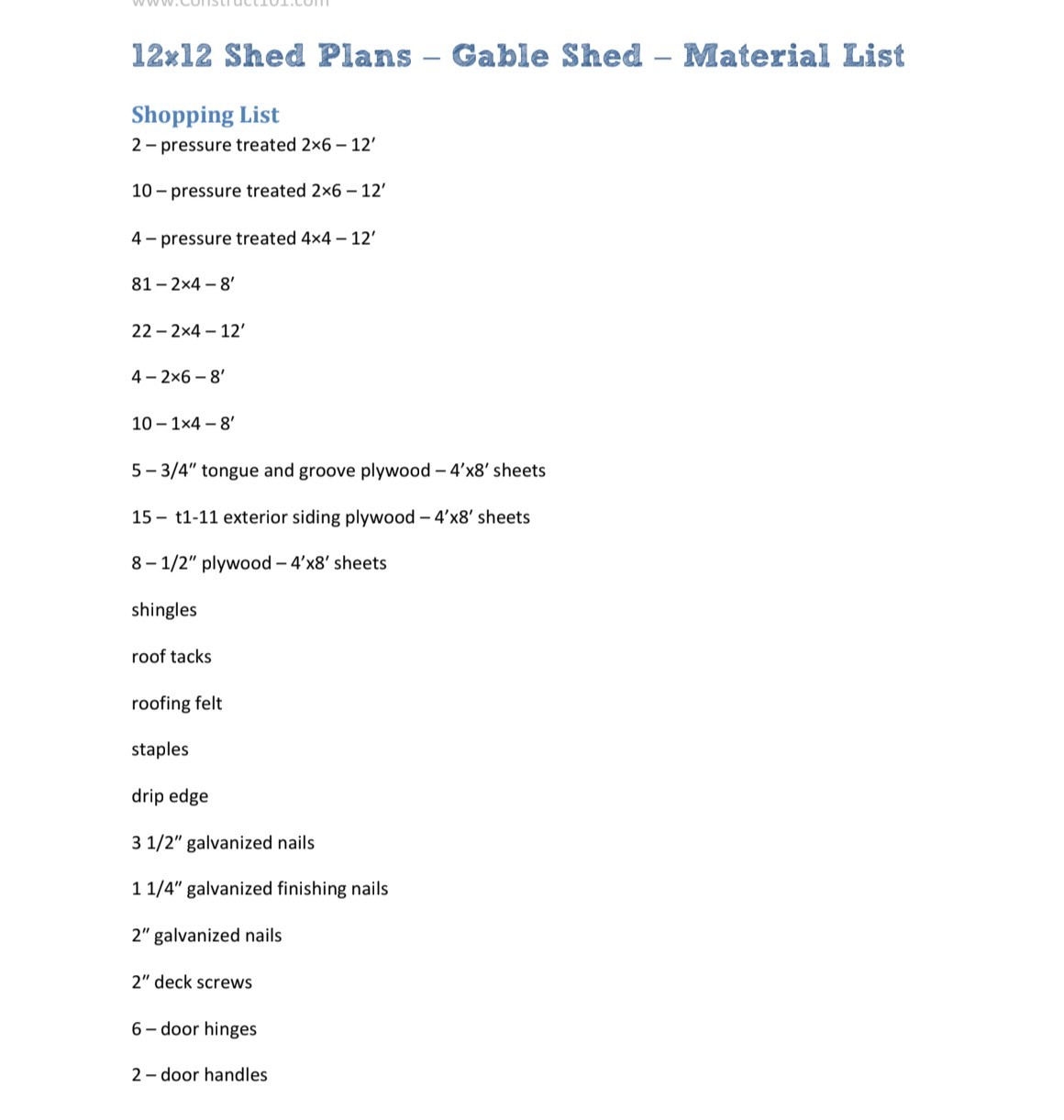 Construct101 12×12 Traditional Shed Plans with Material and Cutting List