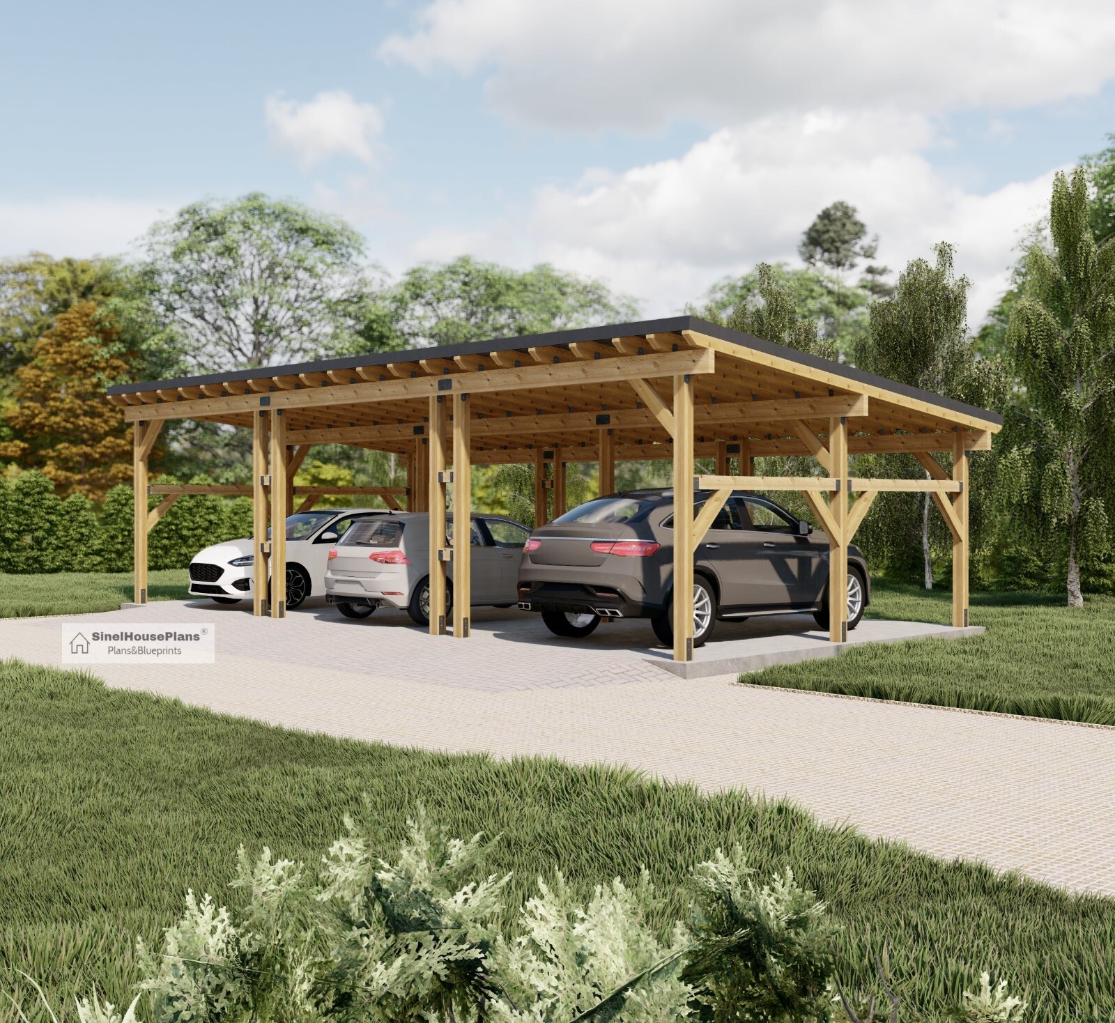 3 Car Carport Plans, Modern 36′-3»x18′ Lean to Pavilion Blueprints