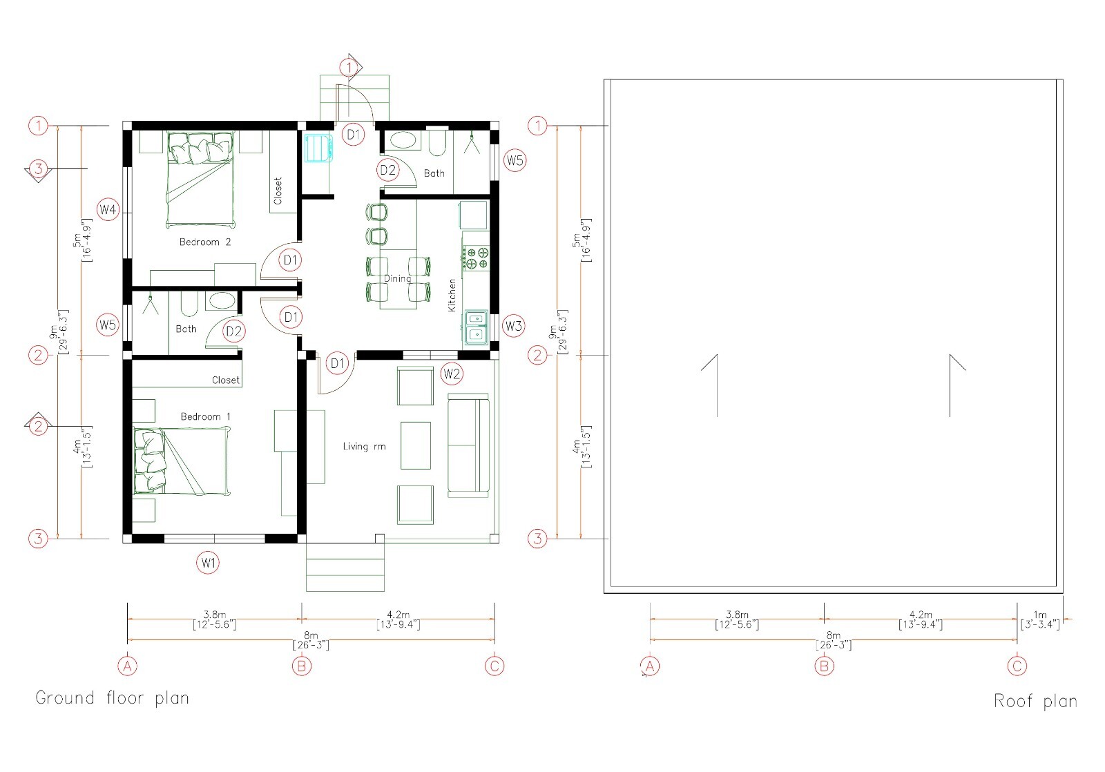 26×30 Feet Small House Plan 8×9 Meter 2 Beds 2 Bath Shed Roof PDF (A4 Hard Copy)